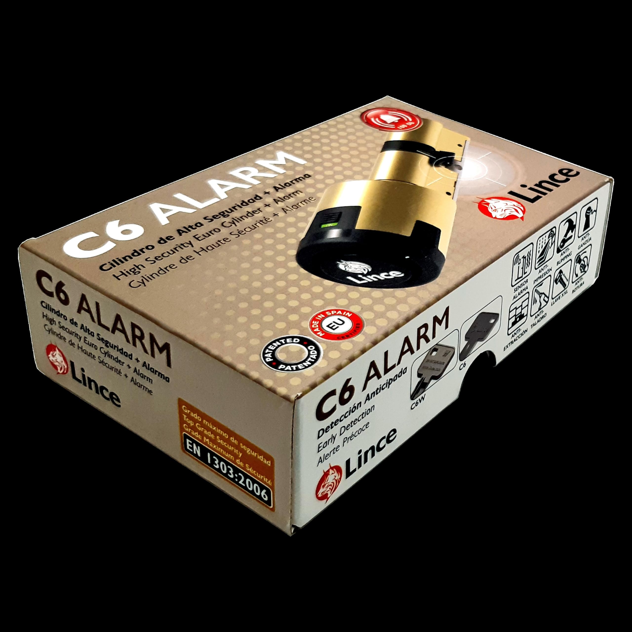 Lince - Cilindro C6 ALARM 30x40 cm | Bombillo de Alta Seguridad Avanzada con Alarma Integrada de 100dB | Anti-Intrusión | Acabados en Latón y Níquel Mate | Incluye 5 Llaves XXL | Acabado níquel
