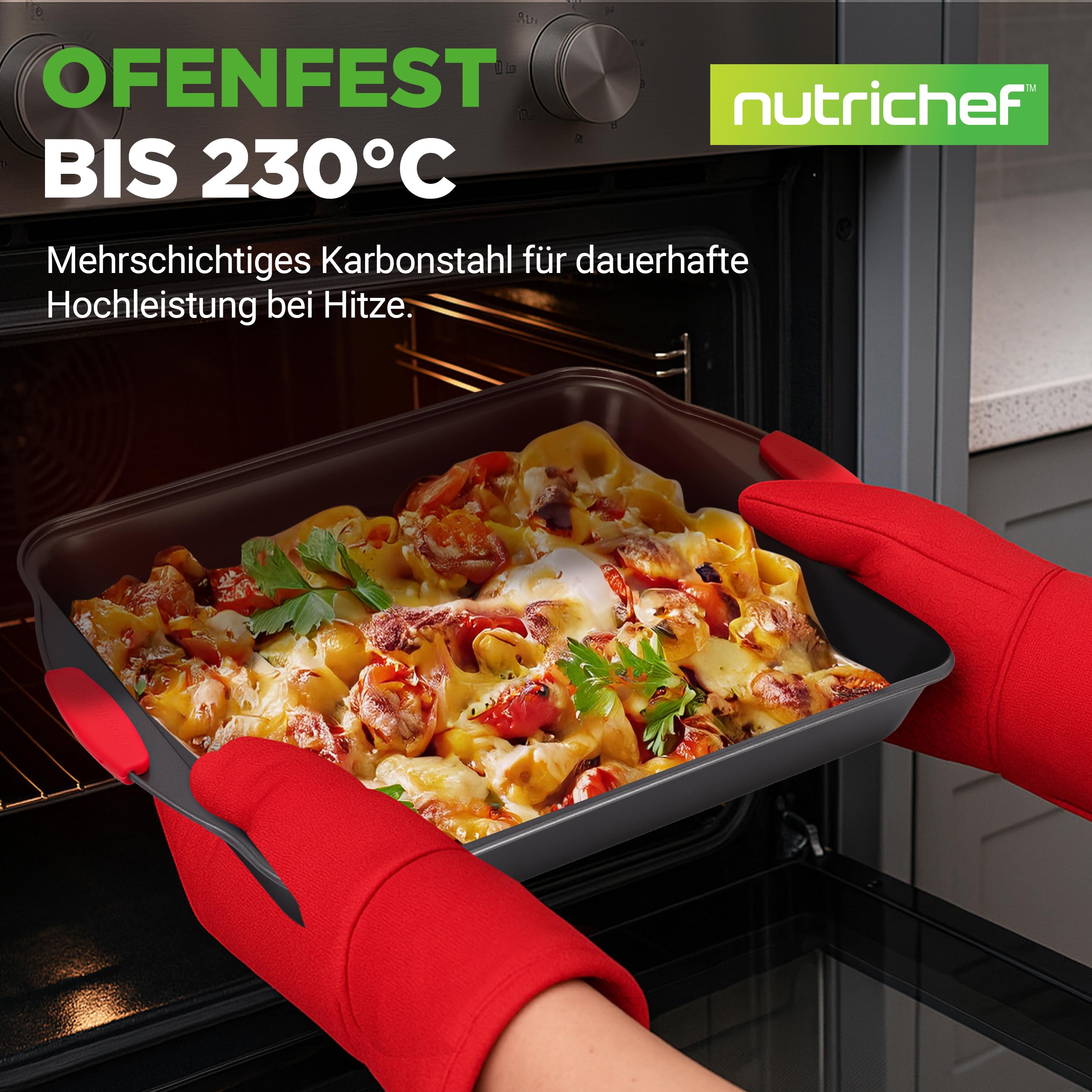 NutriChef 10-teiliges Backset aus Karbonstahl – Muffinform, Backblech, Brotbackform und rundes Pizzablech
