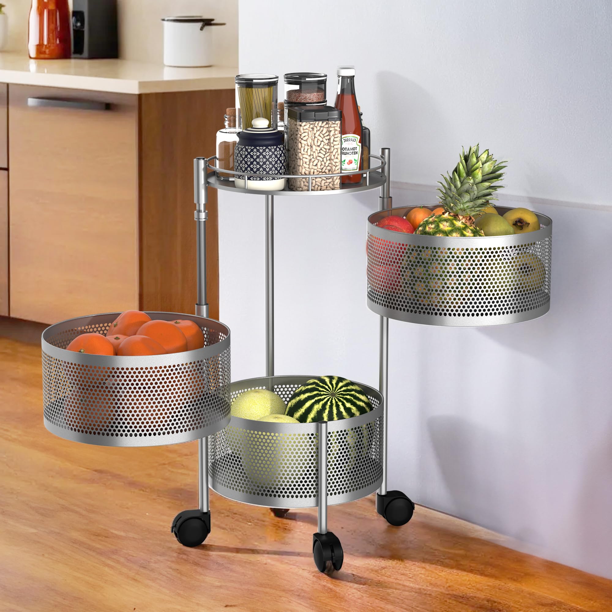 Kuber Industries Kitchen Storage Rack | 3-Tier Round Multipurpose Storage Trolley with Wheels | Rotating Vegetable Rack | Metal Fruit Rack | Silver-image-42