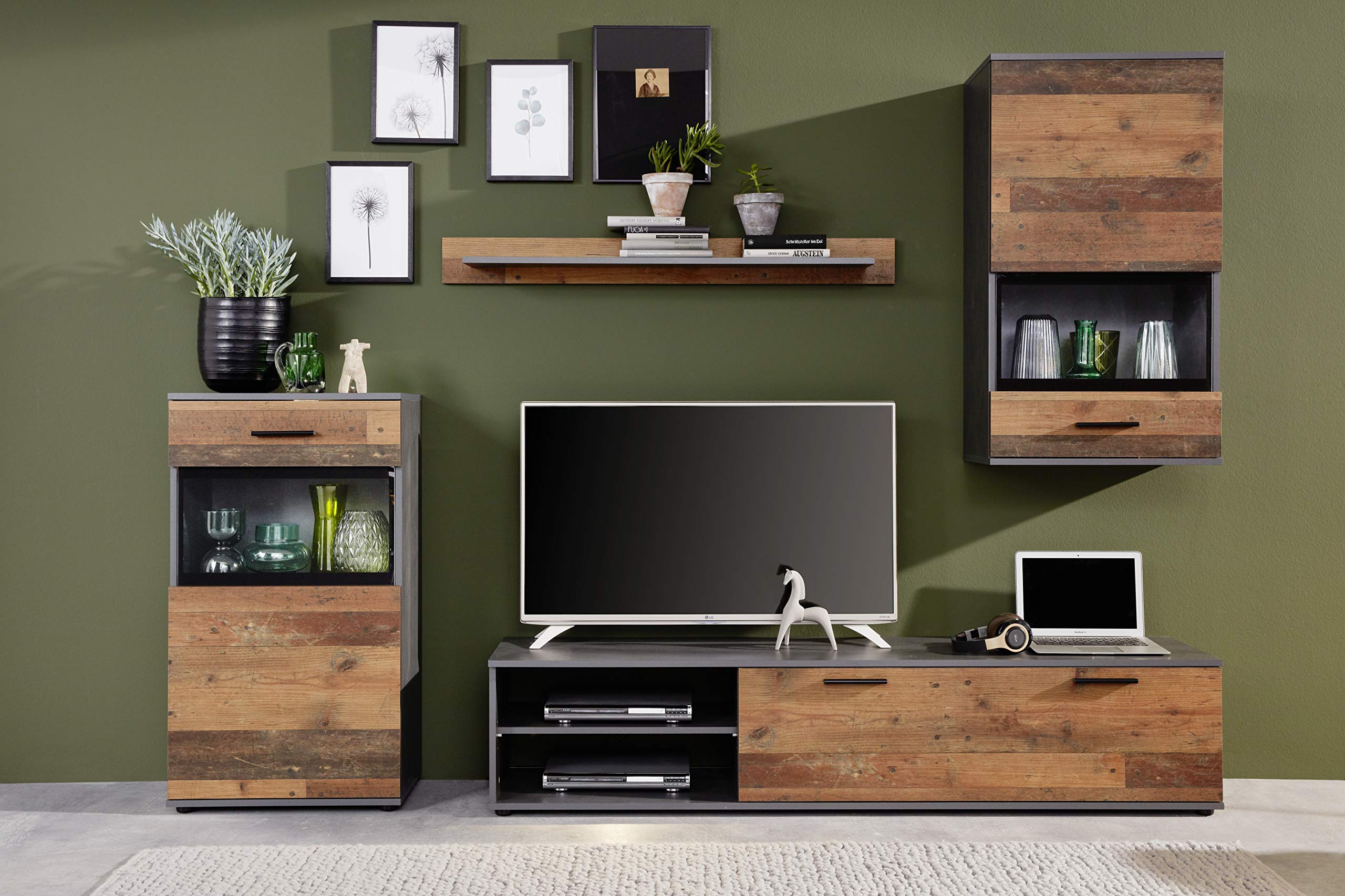 trendteam smart living - Mango - Wohnwand - Eiche/Grau - Anbauwand mit 2 Türen, 1 Klappe, 2 offenen Fächern, 1 Einlegeboden - (BxHxT) 246 x 182 x 37 cm - empfohlen für: Fernseher, Receiver, Bücher
