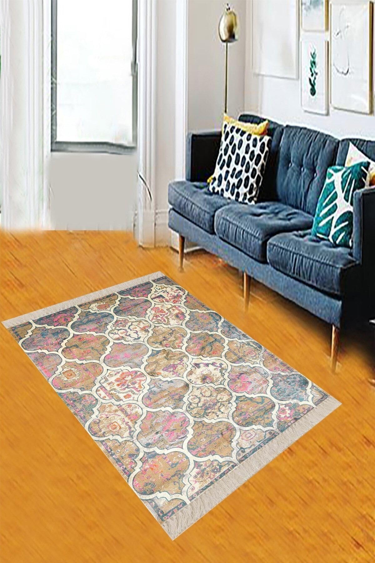 Pelangi Osmanlı Desen Patchwork Model Dijital Baskı Yıkanabilir Klasik Salon Halı Ve Yolluk, Bej 160 x 160