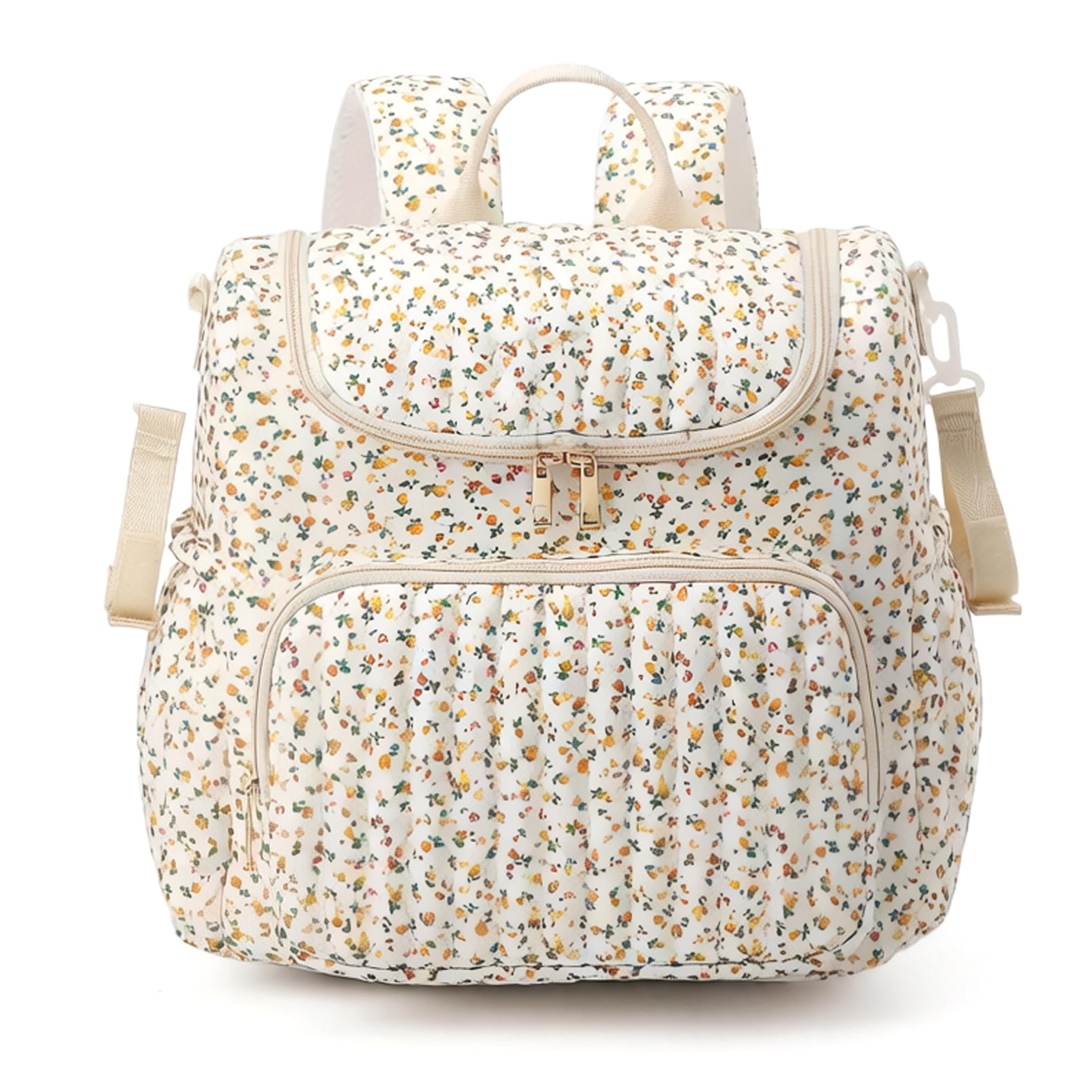 Sac à couches matelassé, sac à couches matelassé, dos floral, dos maman spacieux avec plusieurs poches, blanc avec imprimé floral jaune