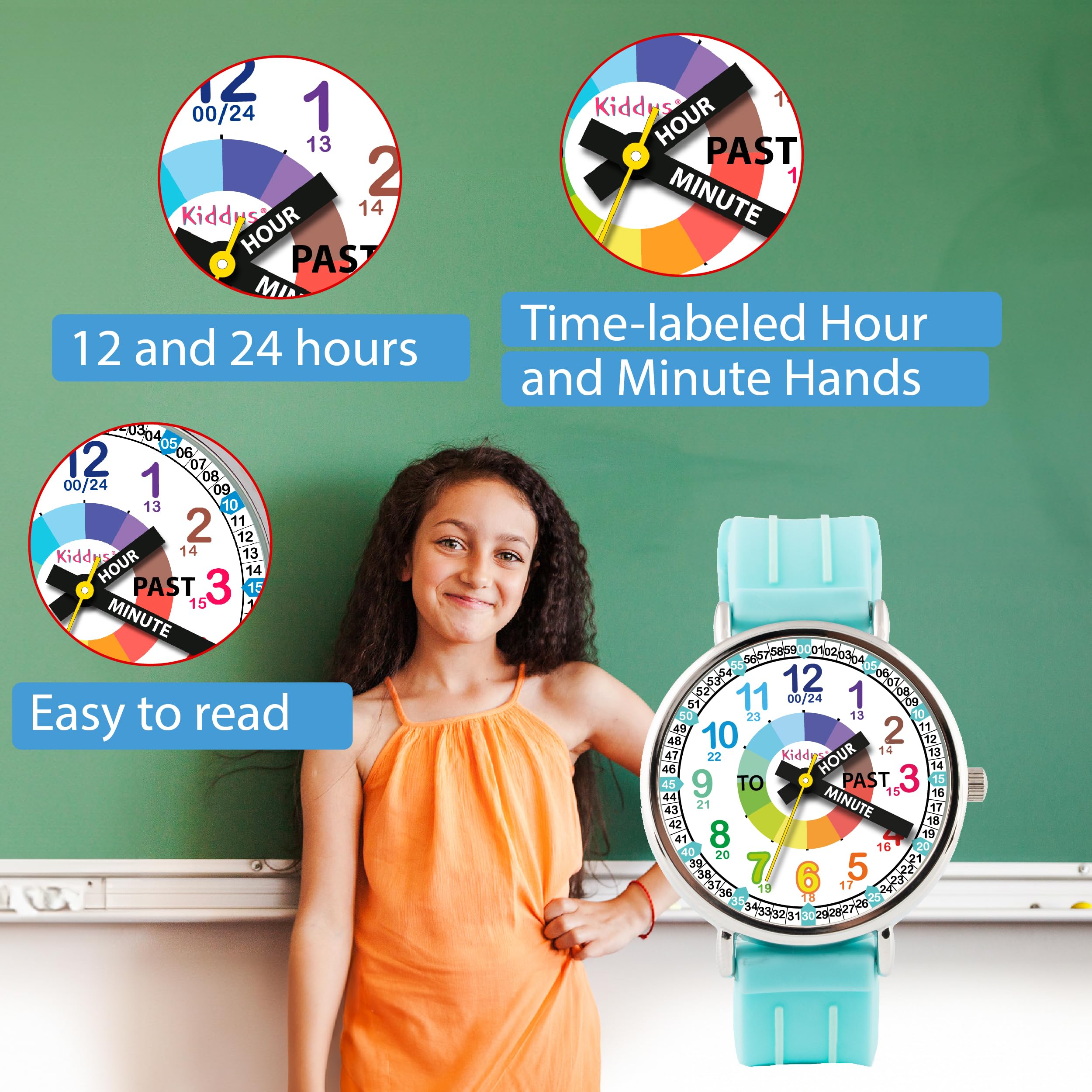 Kiddus Reloj Educativo Infantil para Niño y Niña a Partir de 5 Años, Sumergible 5ATM, Reloj Analógico para Aprender la Hora, Mecanismo Japonés