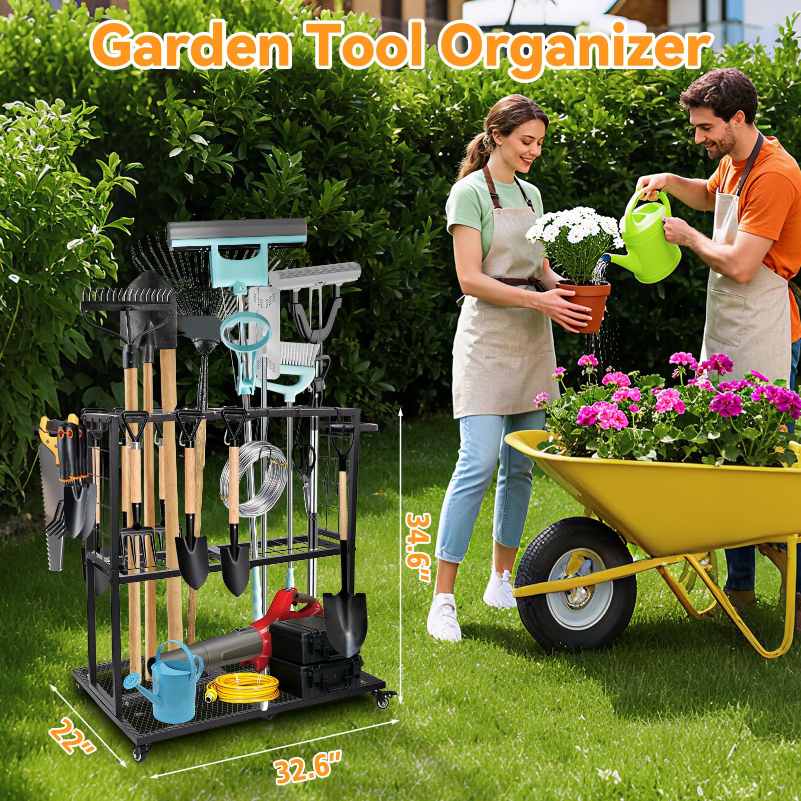 Gartengeräte Ständer mit Feststellrollen 20 Fächer + 5 Slots | gartengeräte halterung für langgestielte Geräte/Staubsauger/Rasenrechen für Garage Schuppen Außenbereich 56×83×88cm