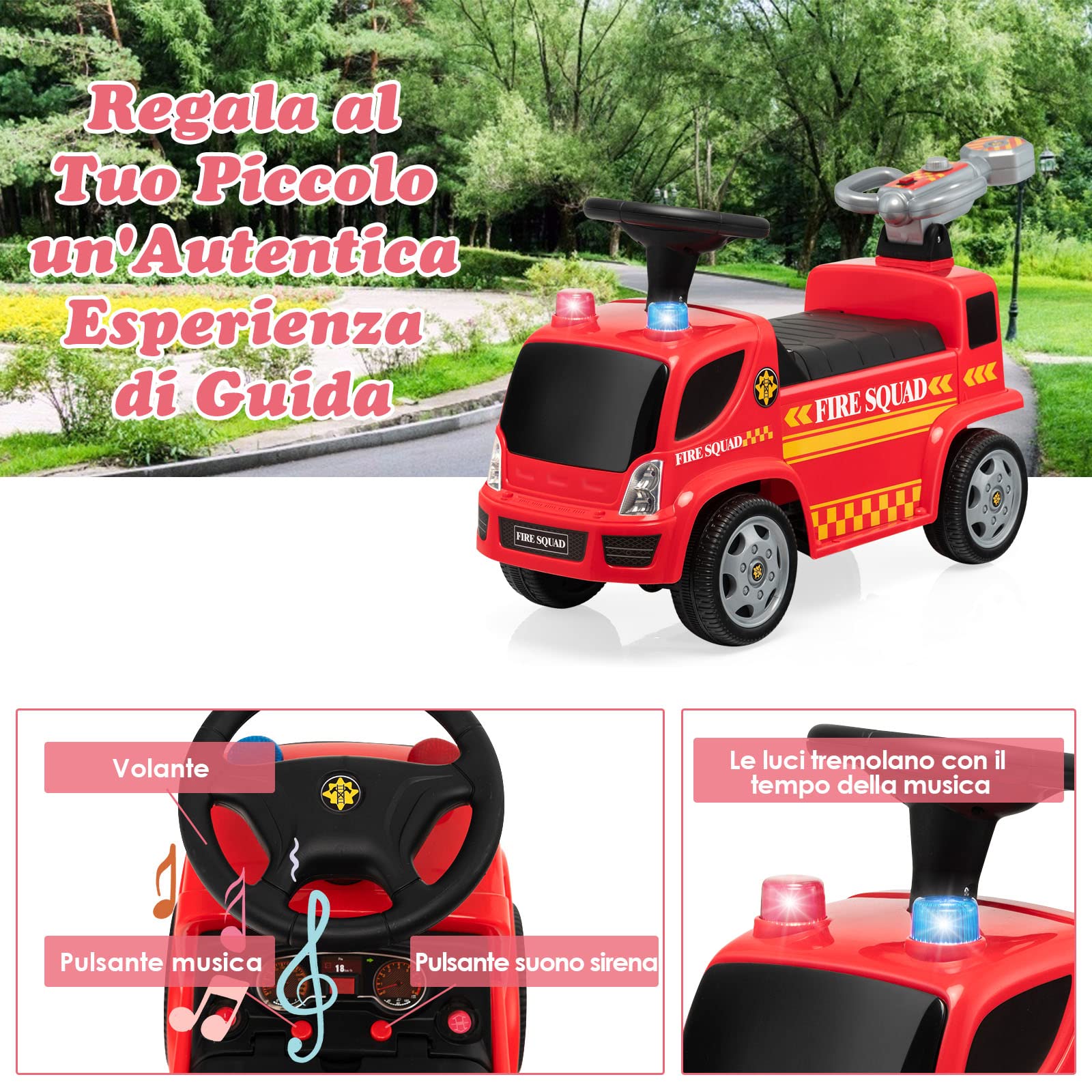 COSTWAY Giocattolo Cavalcabile a Spinta per Bambini, Camion dei Pompieri per Bambini con Funzione Bolla Musica Luci Allarme, per 18-36 Mesi (Rosso,1)