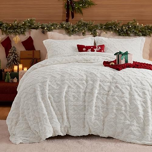 Bedsure Juego de funda de edredón mullida, funda de edredón de piel sintética tamaño King, funda de edredón de felpa blanca, 3 piezas, 1 funda de
