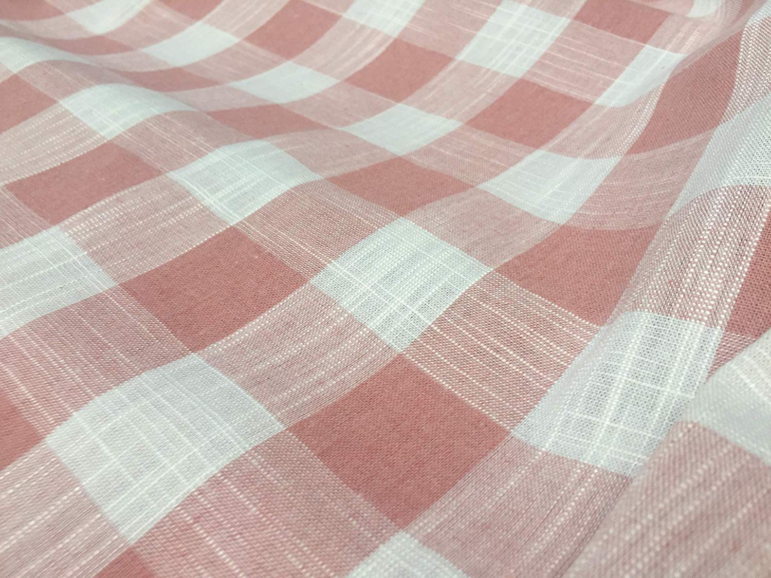Gingham Linen Checked Linen Fabric Plaid Material Buffalo Check - 140cm Wide - Dusty Baby Pink & White Checks (1 Meter)
