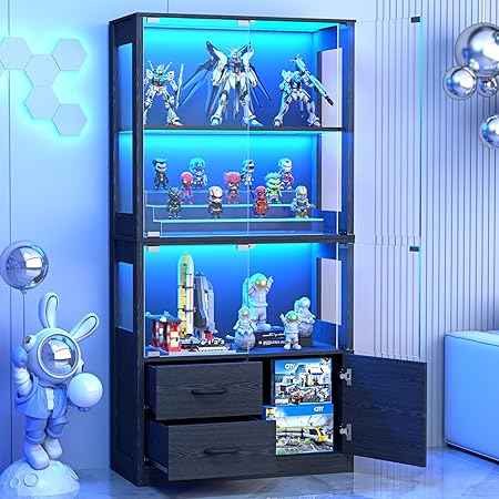 Display Cabinet with Glass Doors, 4-Tier Display Case with 3-Color Lights & Human Body Sensor, Storage Cabinets with 3 Shelves & 2 Drawers for Collectibles/Living/Dining/Game Room, Black Oak