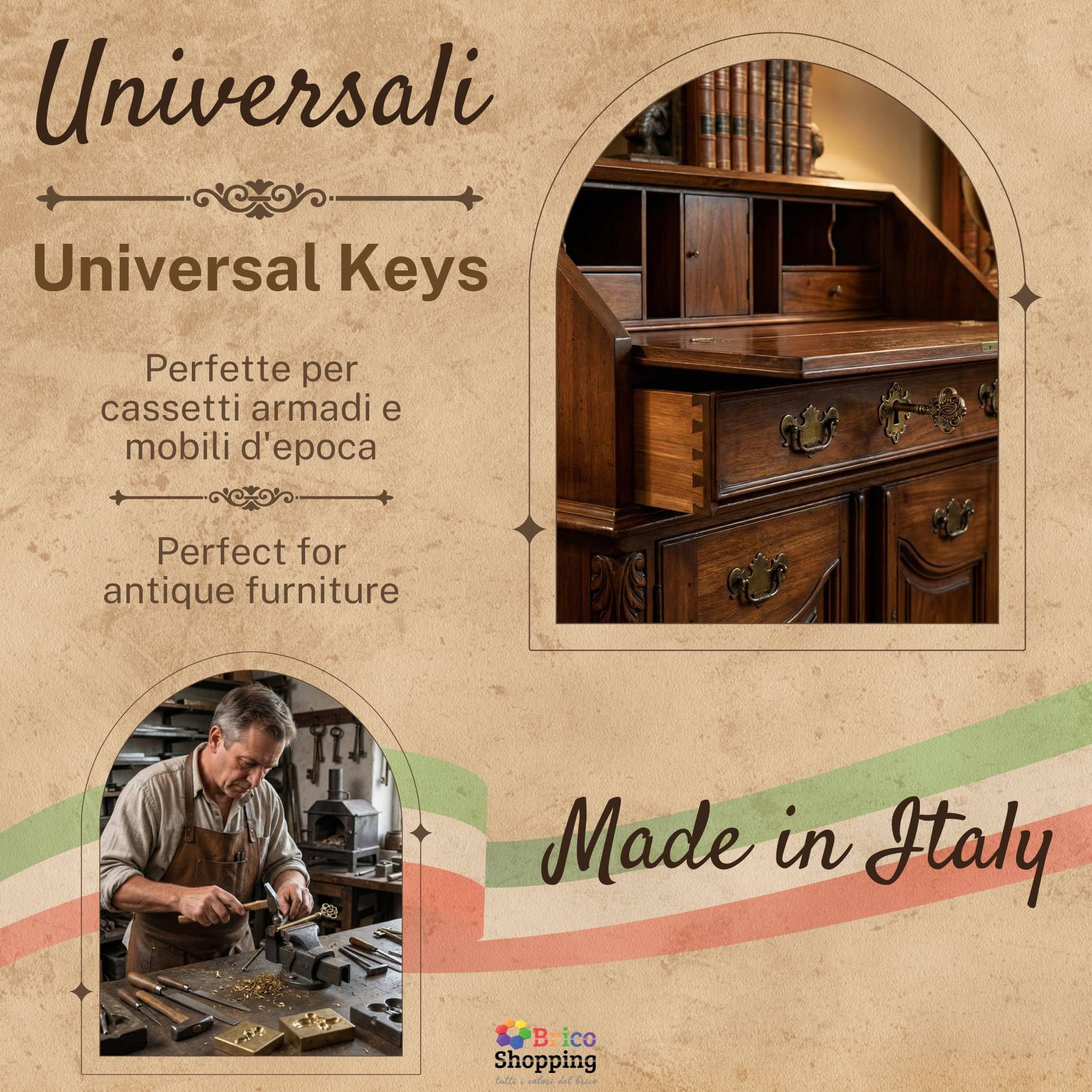 BricoShopping Llaves para muebles en estilo Arte Povera y armarios antiguos clásicos modernos, llave universal para cerradura de armario en latón, llave de mapa antigua para cajón (BS0314, latón