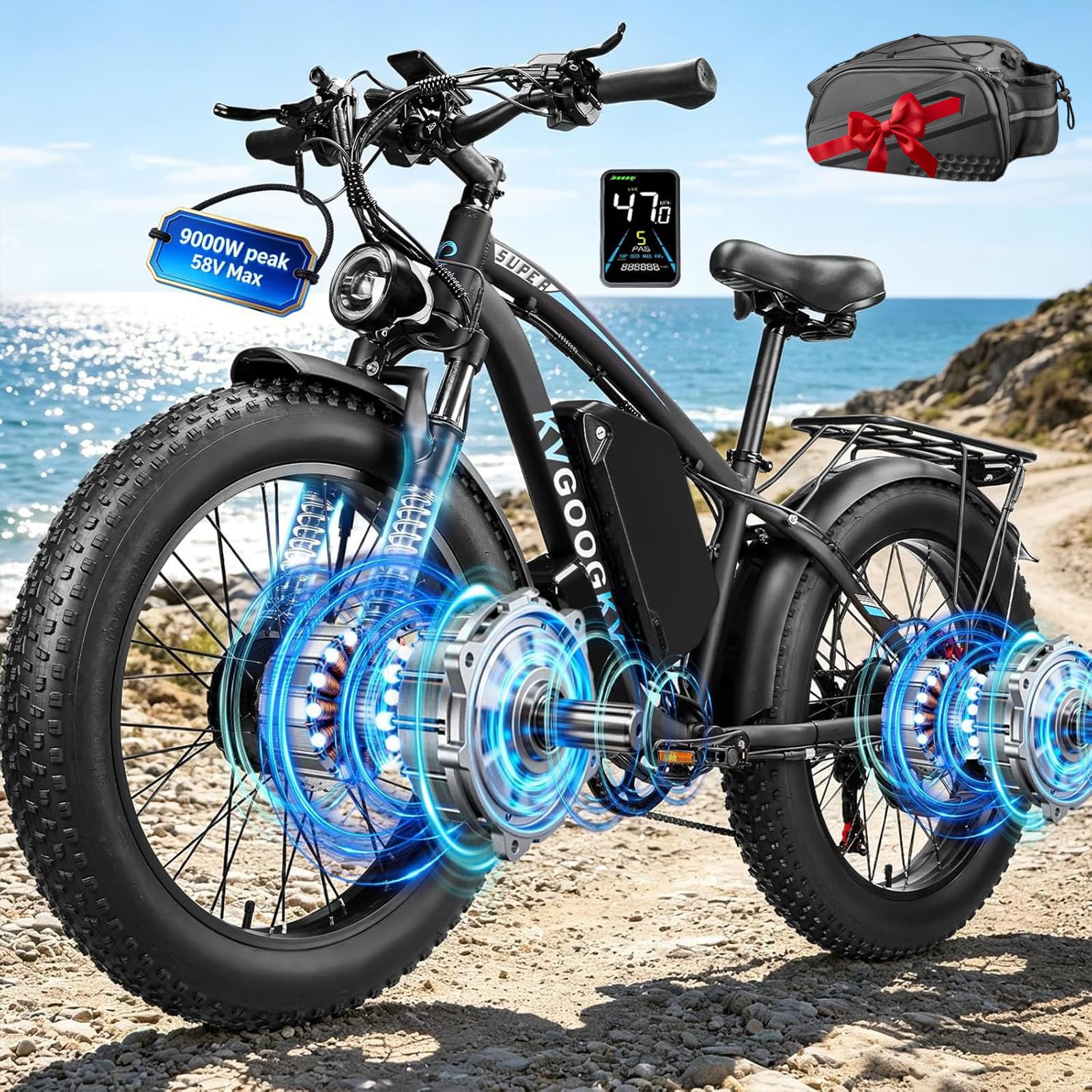 9000W Peak Electric Bike for Adults,58V Max-Output 1972Wh Dual Motor Ebike,47MPH 105 Miles Long Range,24