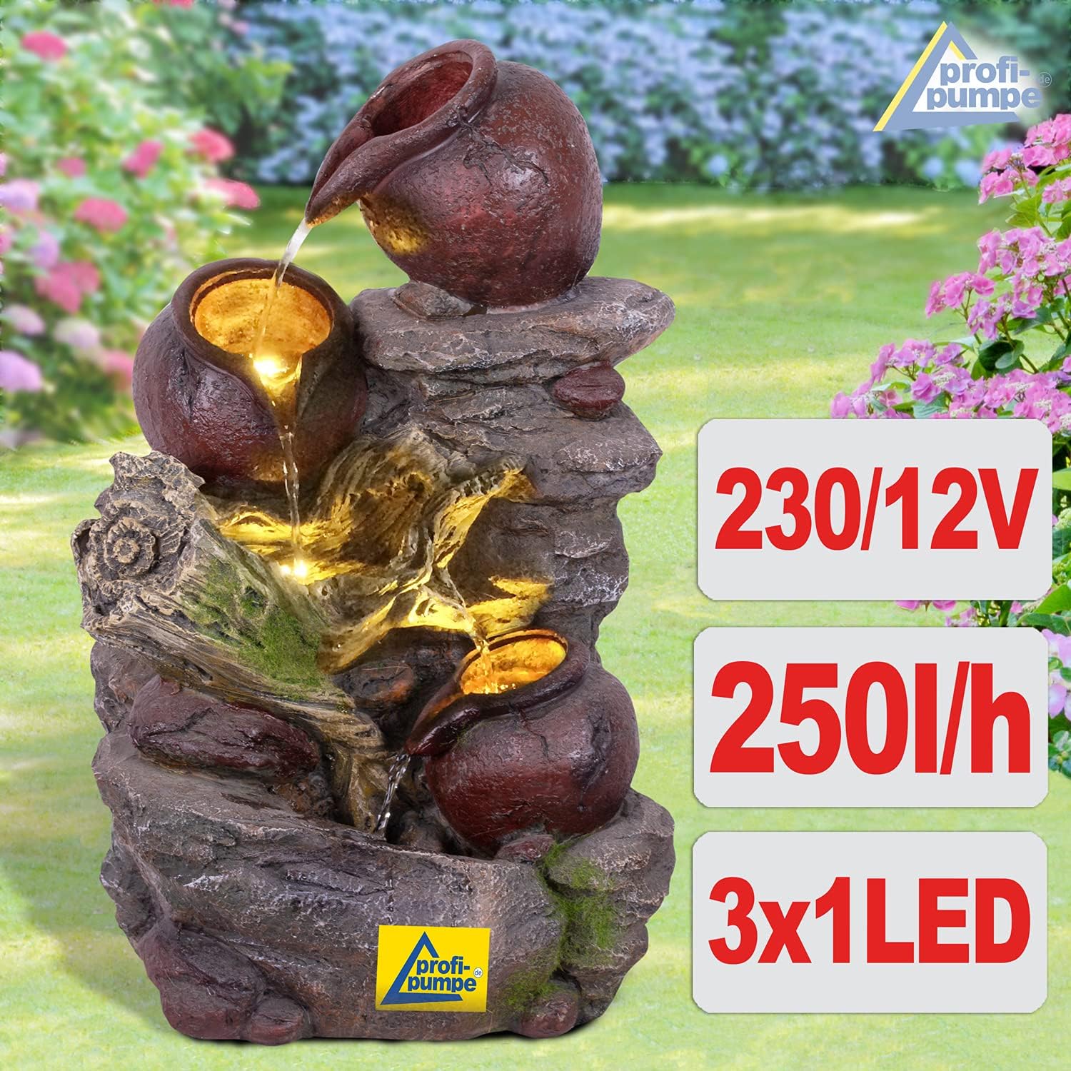 Gartenbrunnen Brunnen Zierbrunnen Zimmerbrunnen Springbrunnen Brunnen Wasserfall Wasserspiel für Garten (STEINKRUG mit LED-Licht - 230V)