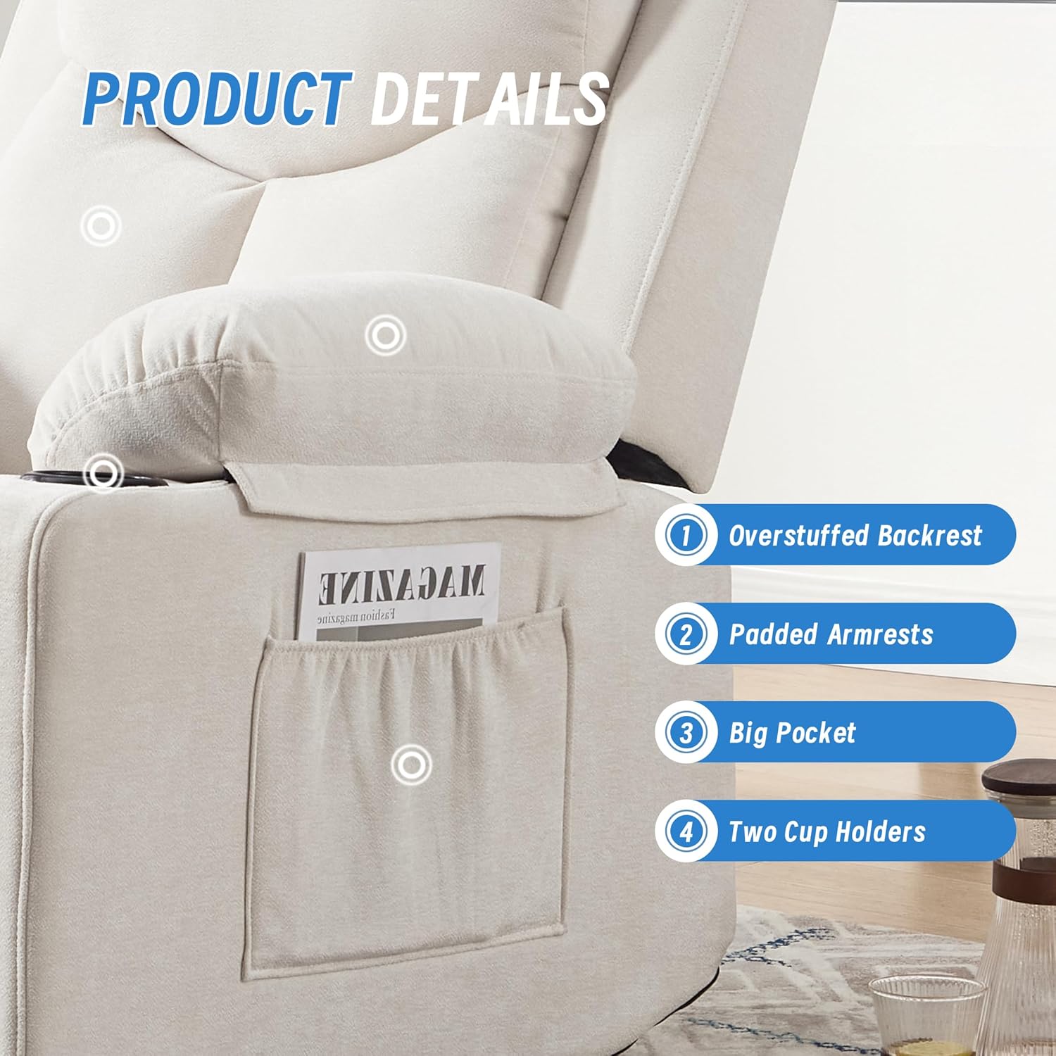 Manual Rocker Recliner Chair for Adults with Vibration Massage,Glider Rocking Recliner for Living Room Bedroom Nursery, Overstuffed Reclining Sofa Chair with Pockets and Cup Holds,Beige
