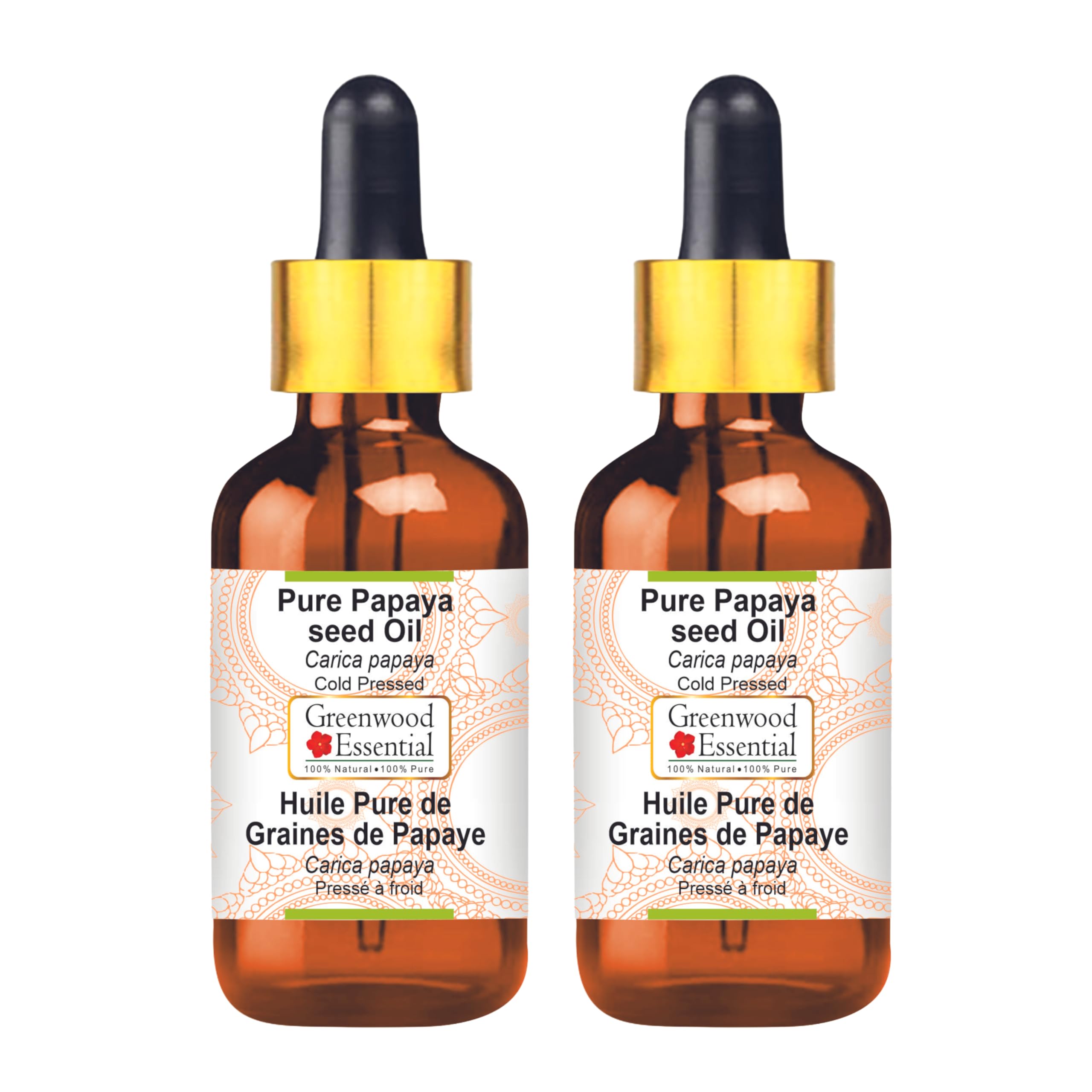 Greenwood Essential Huile de graines de papaye pure naturelle (Carica papaya) avec compte-gouttes en verre pressée à froid 100 ml x 2 (6,76 oz)