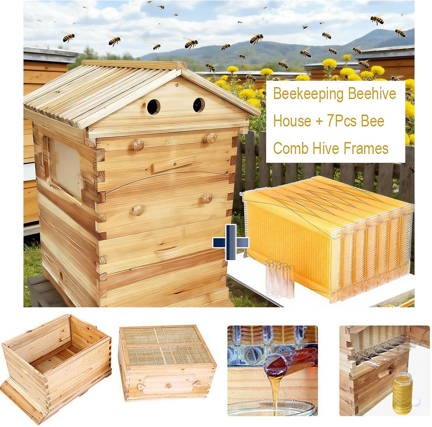 Self-Flowing Wooden Beehive Starter Kit, Complete Bee Box with 7 Honeycomb Trays, Observation Window and Honey Spout for Beekeeping, Pollinator Garden and Outdoor Habitat