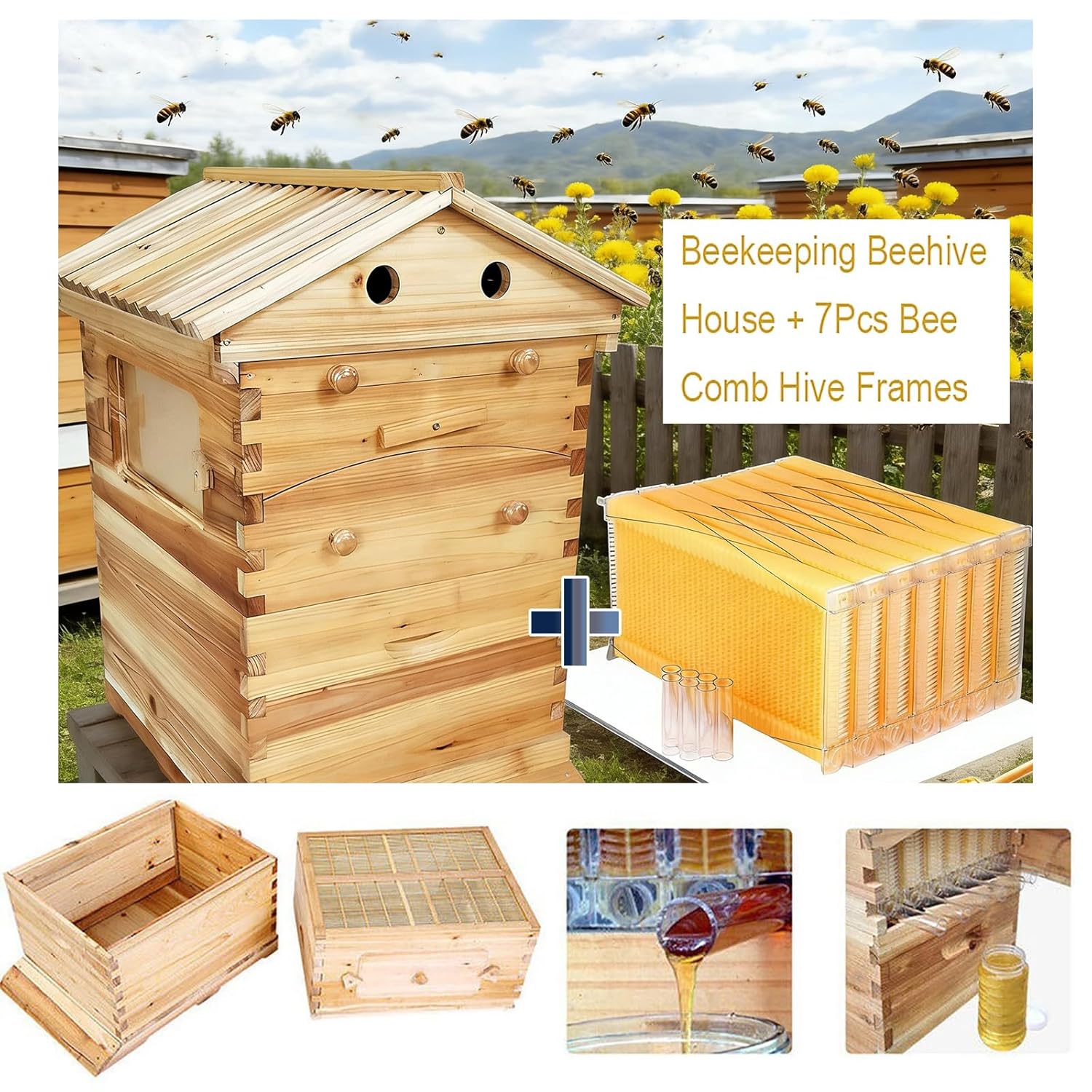 Beehive Starter Kit with Self-Flowing Honey Frames, Wooden Bee Box with 7 Honeycomb Trays, Observation Window and Honey Spout for Garden Beekeeping and Pollinators