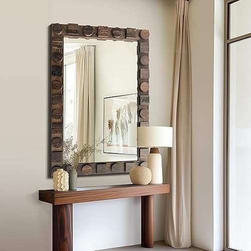 Miniatura 2 de Espejo de pared con marco de madera rústica, espejo de tocador de madera maciza de 36 x 24 pulgadas para baño, dormitorio o entrada, montaje