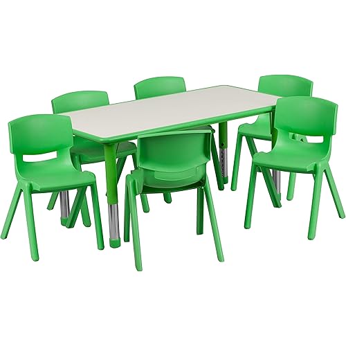 Flash Furniture Emmy Adjustable Classroom Activity Table with 6 Stackable Chairs, Plastic Activity Table for Kids, 23.625" W x 47.25" L, Green/Gray