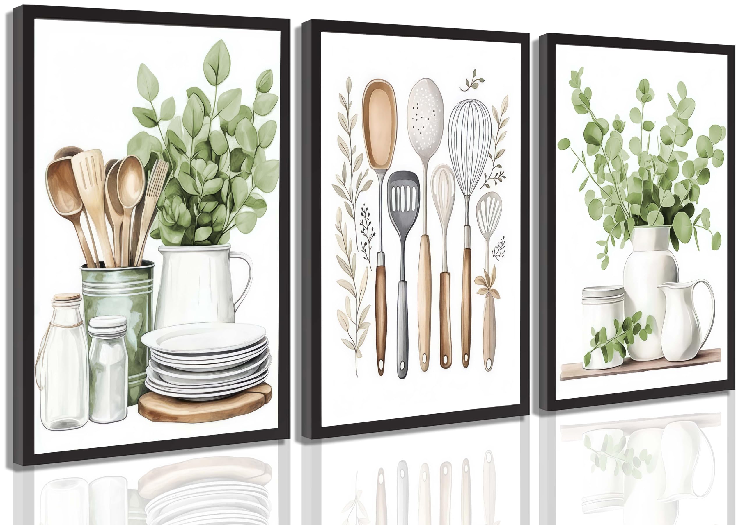 LMYSXAOZ 3Pcs Sage Green Farmhouse Kitchen Canvas Wall Art Minimalist Dining Room Eucalyptus leaves plant Painting Pictures For kitchen Home Decoration Unframed 12x18inch