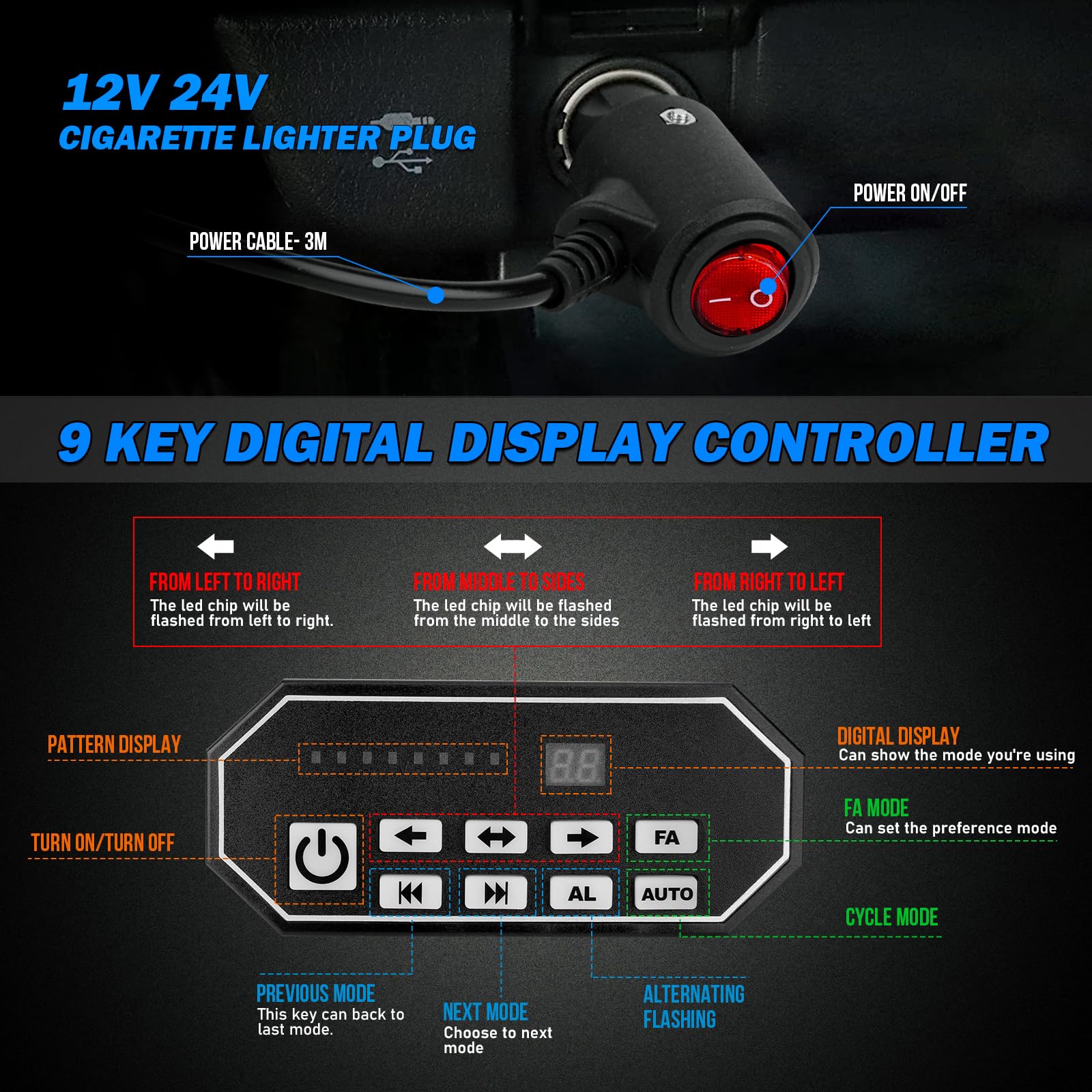 Luces estroboscópicas LED azules 8 en 1 con controlador estroboscópico de 9 teclas, 8 luces LED de advertencia de emergencia, montaje en superficie, luces LED intermitentes para camiones,