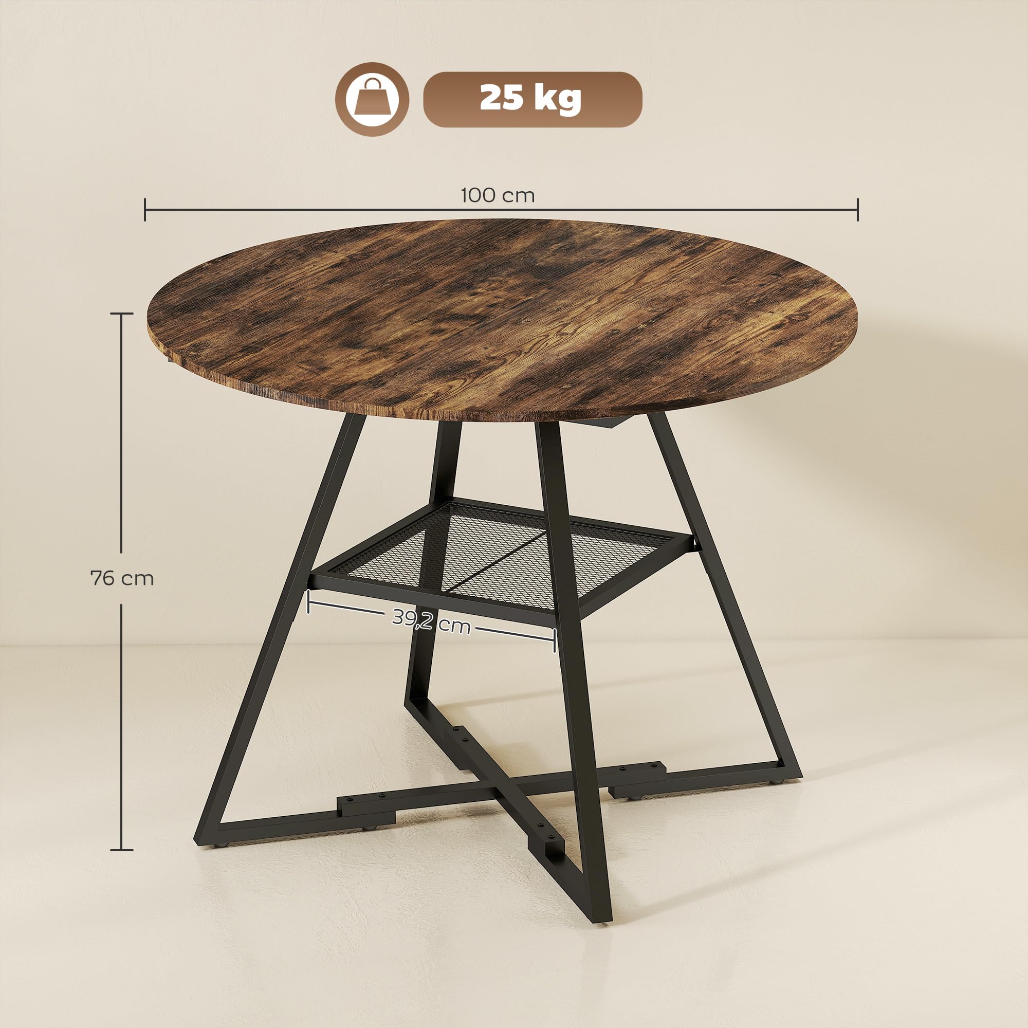 HOMCOM Table à Manger Ronde pour 4 Personnes avec Large Plateau et étagère de Rangement, Table de Cuisine Industrielle, Cadre en métal, Ø 100 x 76 cm, Brun Rustique