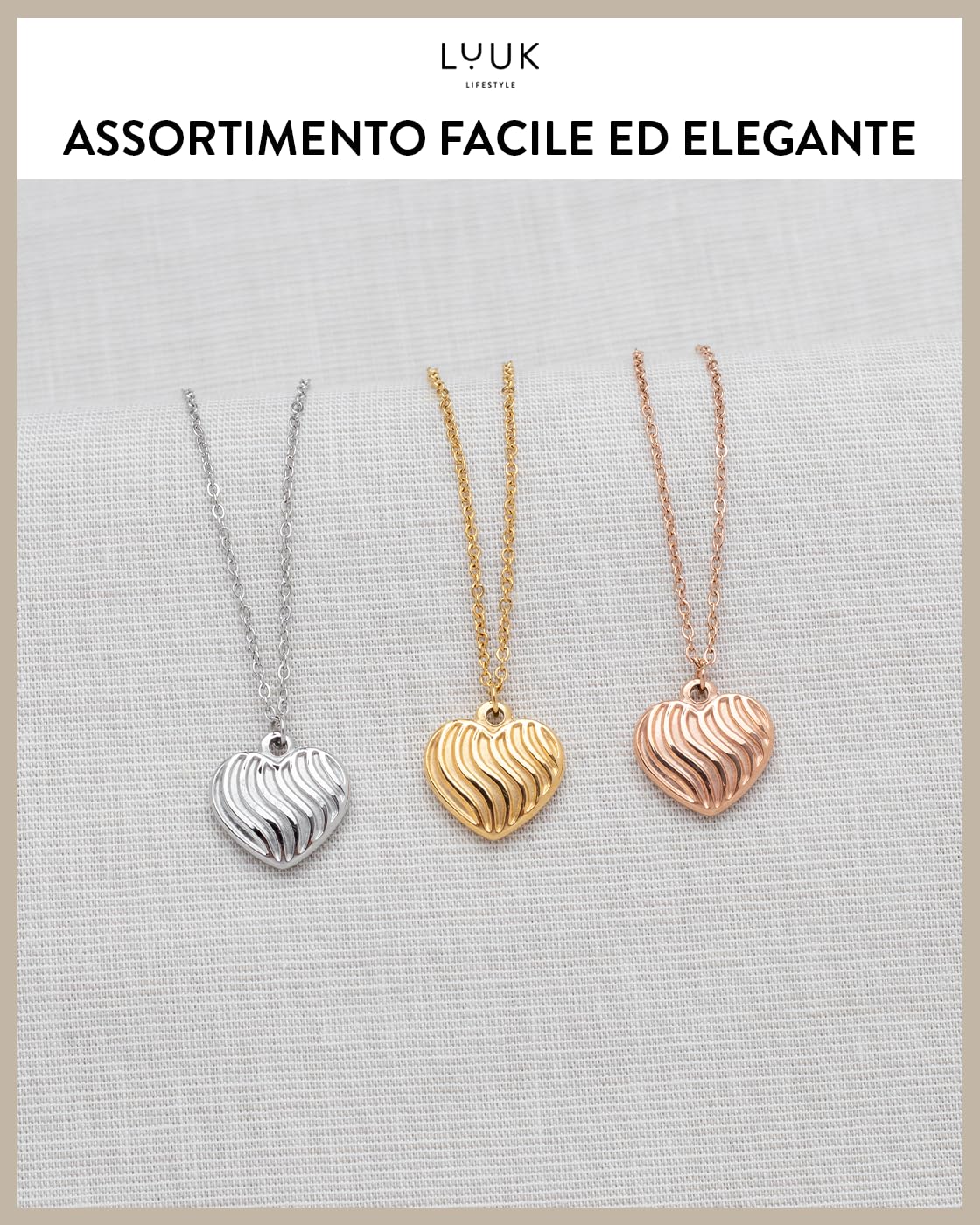 LUUK LIFESTYLE Collana con Ciondolo Cuore Scanalato, Oro Rosa, 50cm | Cuore Rigato, Design Moderno, Impermeabile, Ipoallergenico, Catena Regolabile, Regalo per Amica, Mamma, Acciaio Inossidabile