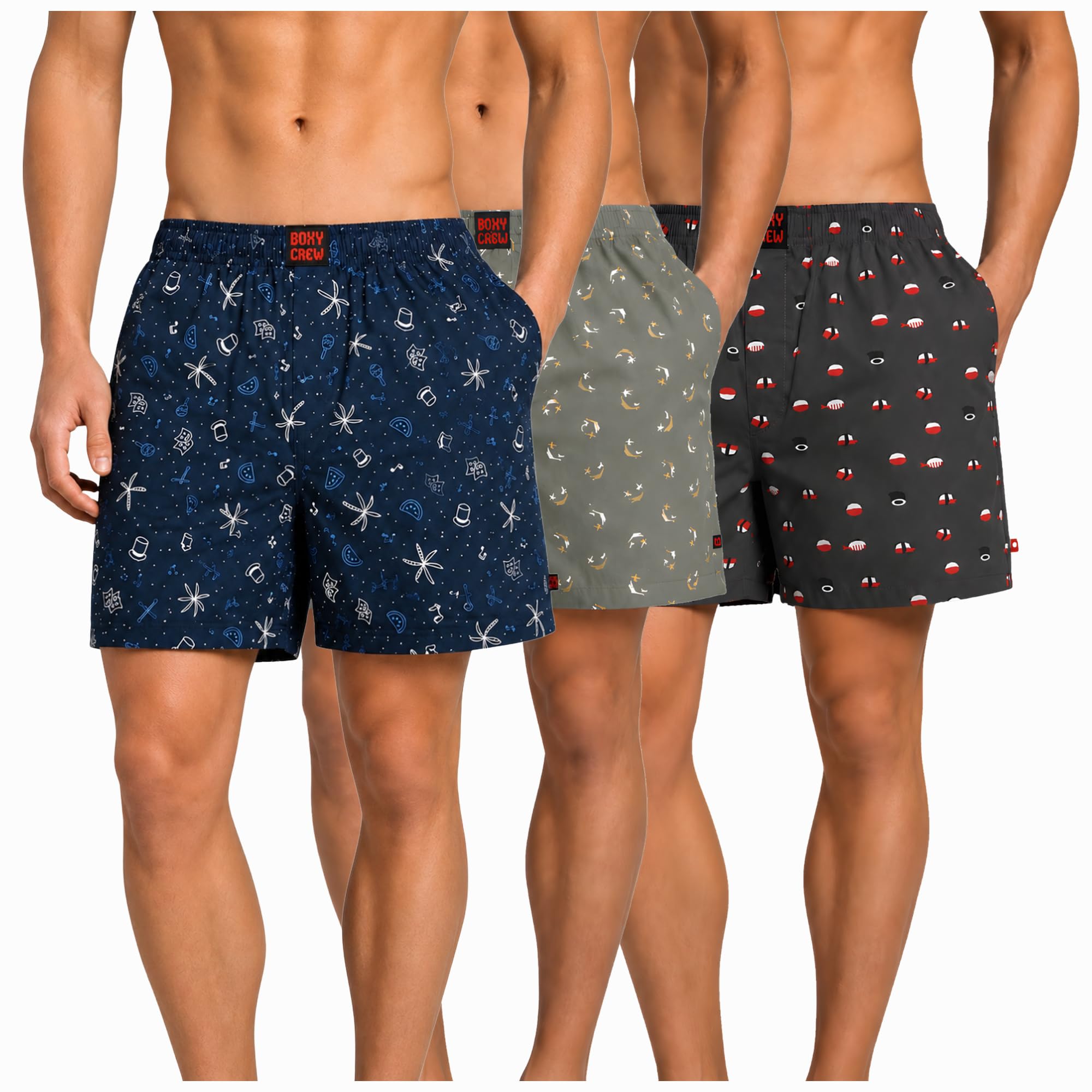 Men's 100% Cotton Boxer Shorts Pack of 3, Navy Blue, Green & Charcoal | Woven Boxers with Side Pockets, No-Marks Elastic Waistband, Breathable Relaxed Fit | Style 007-008-012-image-33