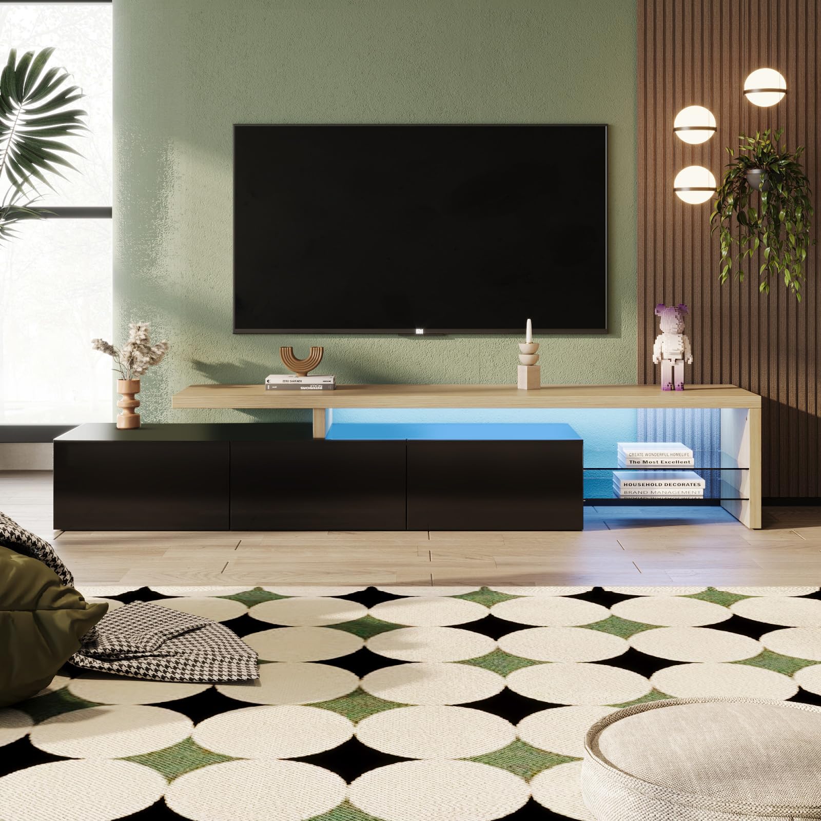 TV Lowboard mit Stauraum, Fernsehtisch mit 3 Türen und Glasablage, TV Bank für Fernseher bis zu 85 Zoll, Fernseh Sideboard für Wohnzimmer, Schwarz, 200x39x42cm