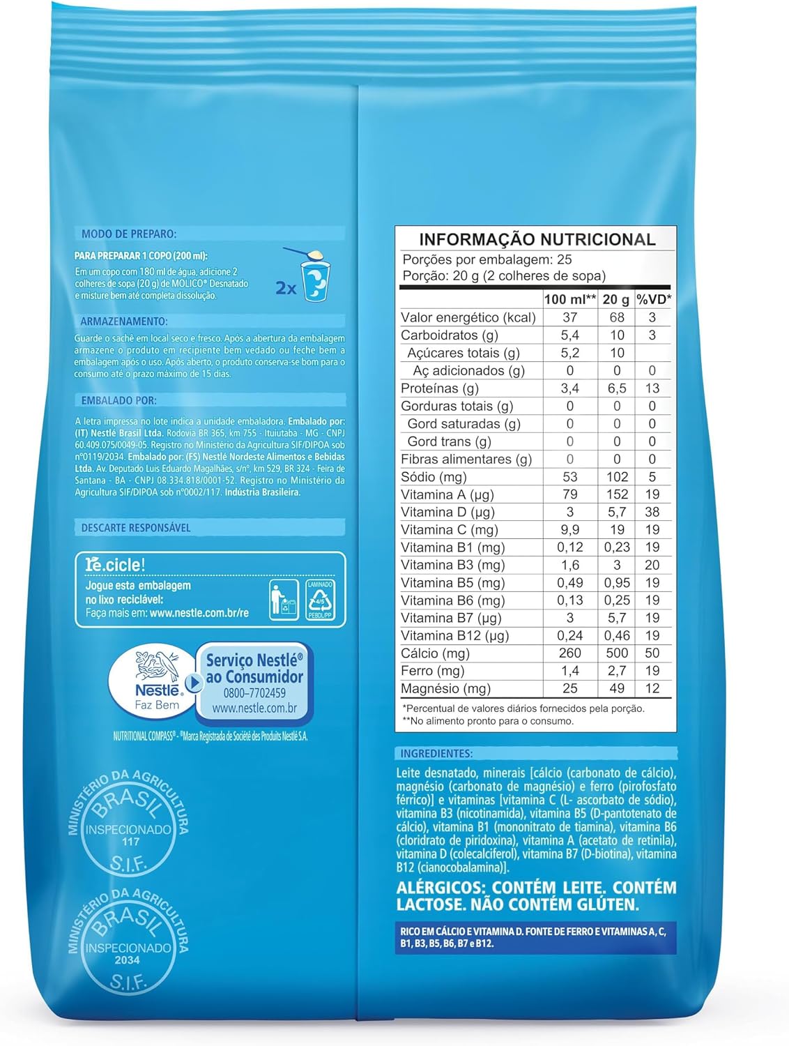 Molico Leite Em Pó Desnatado Total Cálcio 500G