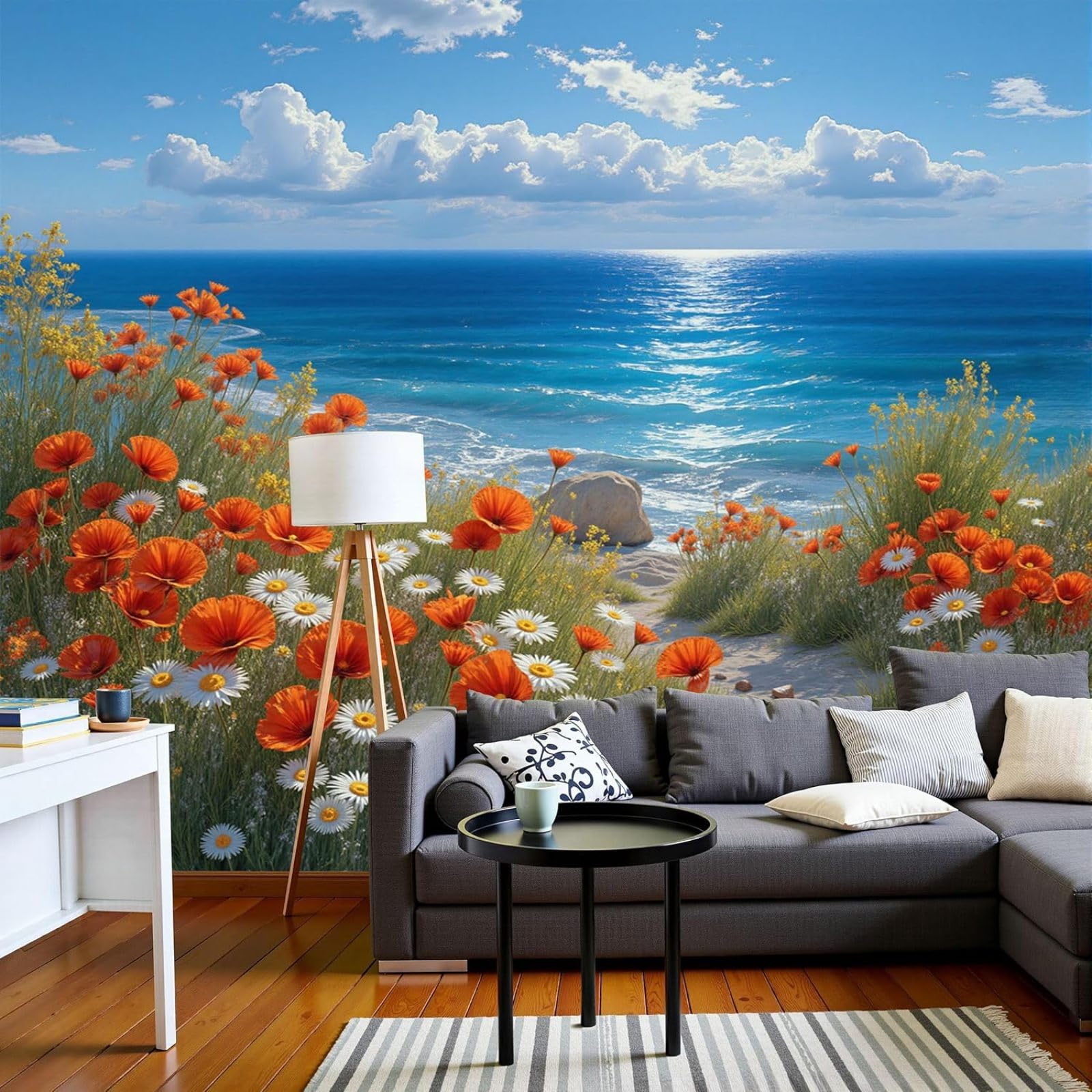 hgjdjhnf Wallpaper for Children's Room, Ocean Flower Bed, Living Room, Realistic Plants, Kitchen, wall Covering, Blue XXL Bedroom, 350cm x 256cm Stickers - Frameless Painting - Poster