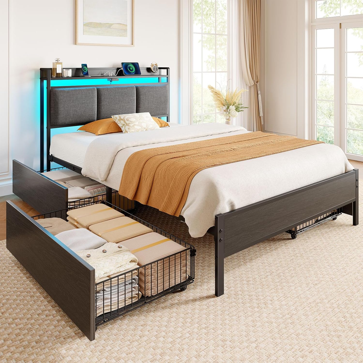 Rolanstar Bed Frame Twin Size with Charging Station and LED Lights, Upholstered Storage Headboard with Drawers, Heavy Duty Metal Slats, No Box Spring Needed, Noise Free, Easy Assembly, Dark Grey
