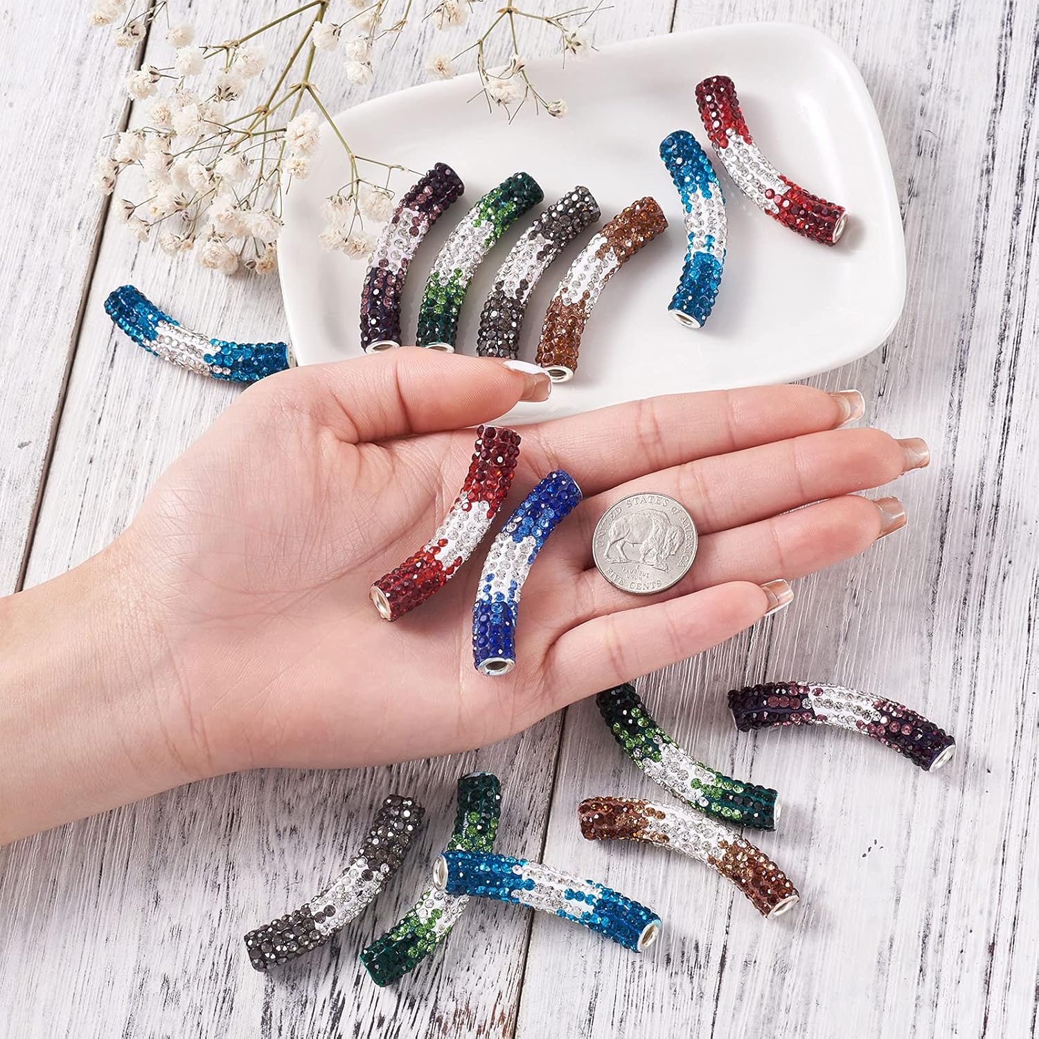 Craftdady 20pcs Pave Clay Rhinestone Curved Tube Beads 47mm Mixed Colors Large Hole Long Tube Polymer Clay Spacer Beads for Jewelry Making Hole: 4mm