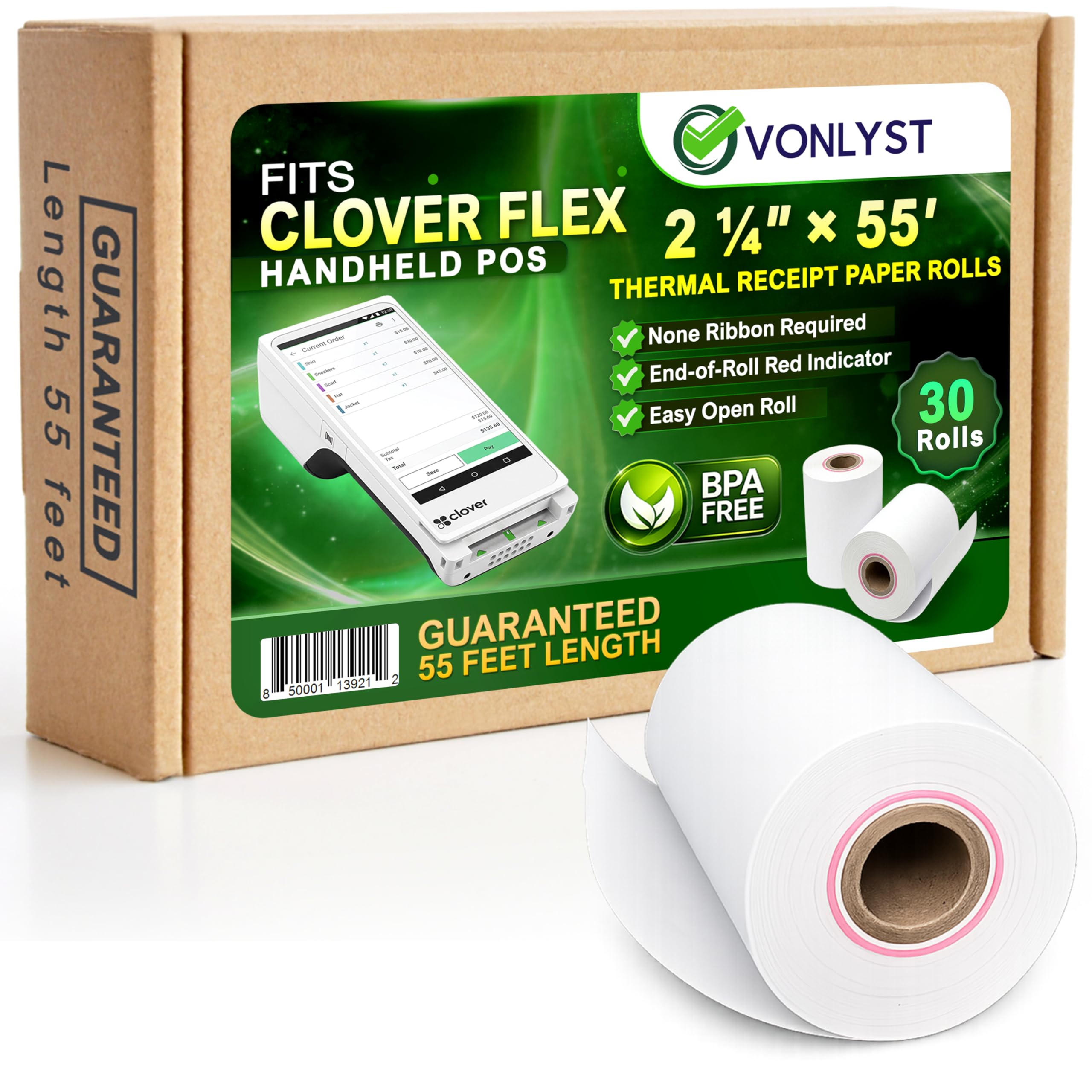 Vonlyst Clover Flex Paper Rolls 2 1/4" x 55’ Thermal Receipt Paper – 30 Rolls Pack - BPA Free POS Printer & Credit Card Machine Compatible C400 C401 C403 C405 C406