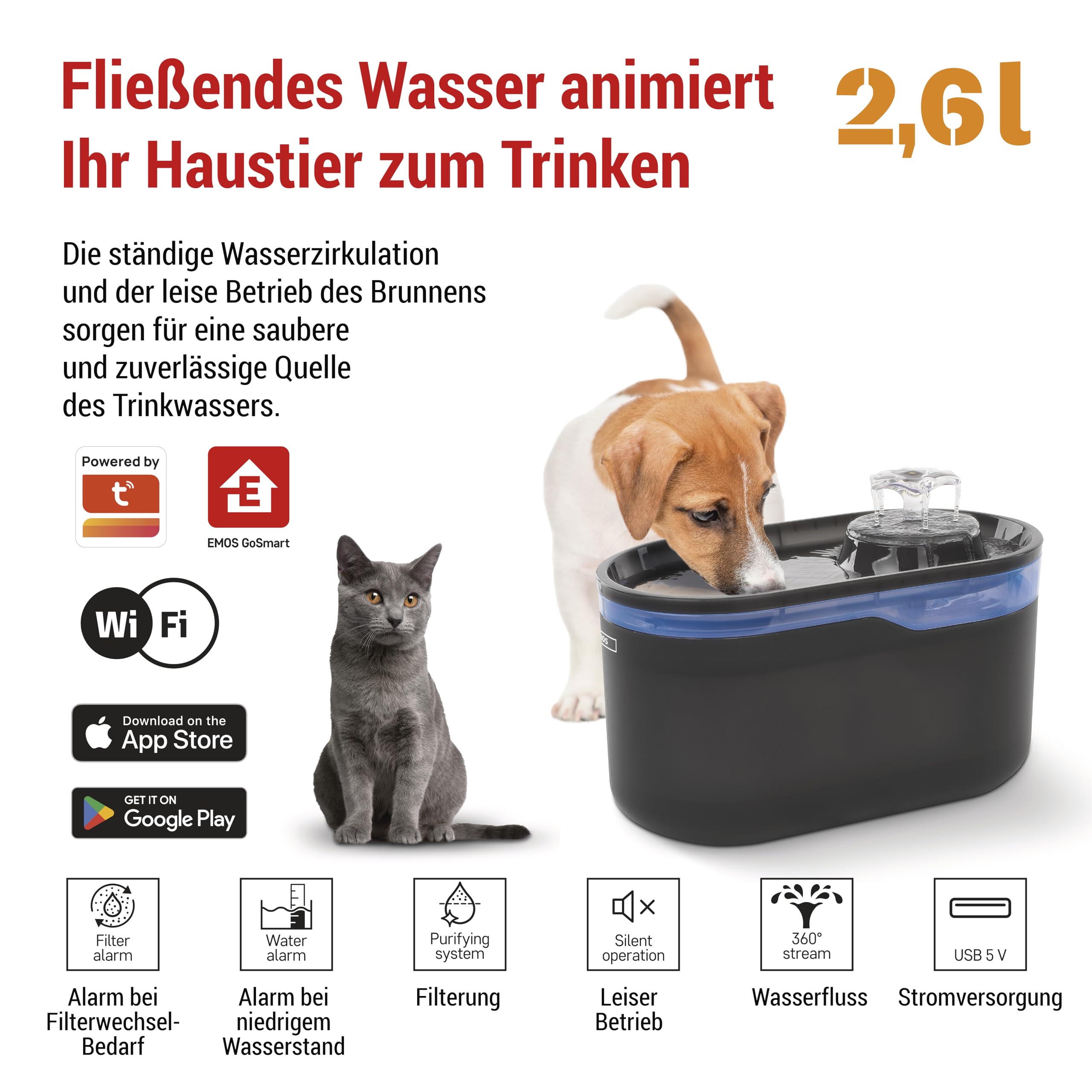 EMOS GoSmart Fuente para Gatos de 2,6 l con Sistema de filtración - Fuente de Agua Potable para Mascotas - Dispensador de Agua Dulce - Gris