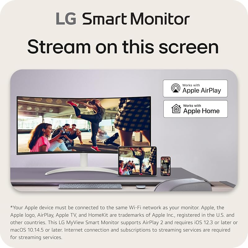 LG 34SR60QC-W 34-inch QHD (3440x1440) Curved Smart Monitor with Streaming, UltraWide Screen, webOS, HDR10, 100Hz, Built-in Speaker, AirPlay2, Screen Share, Bluetooth, ThinQ App, White image 3