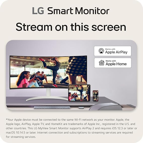 LG 34SR60QC-W 34-inch QHD (3440x1440) Curved Smart Monitor with Streaming, UltraWide Screen, webOS, HDR10, 100Hz, Built-in Speaker, AirPlay2, Screen Share, Bluetooth, ThinQ App, White