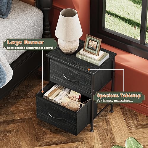 Miniatura 4 de WLIVE Mesita de noche, cómoda pequeña con cajones, cómoda para dormitorio con 2 cajones de tela, mesa de noche negra mesa auxiliar, mesita de noche