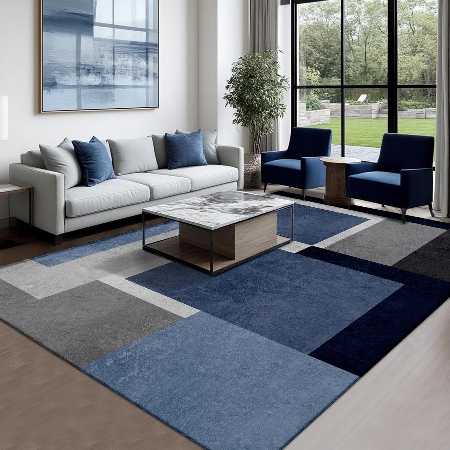 6x9 Area Rug Living Room, Blue Grey Modern Geometric Rugs, Square Contemporary Indoor Floor Carpet, Low Pile Soft Washable Rug for Bedroom Dining Decor Blue 6'x9'