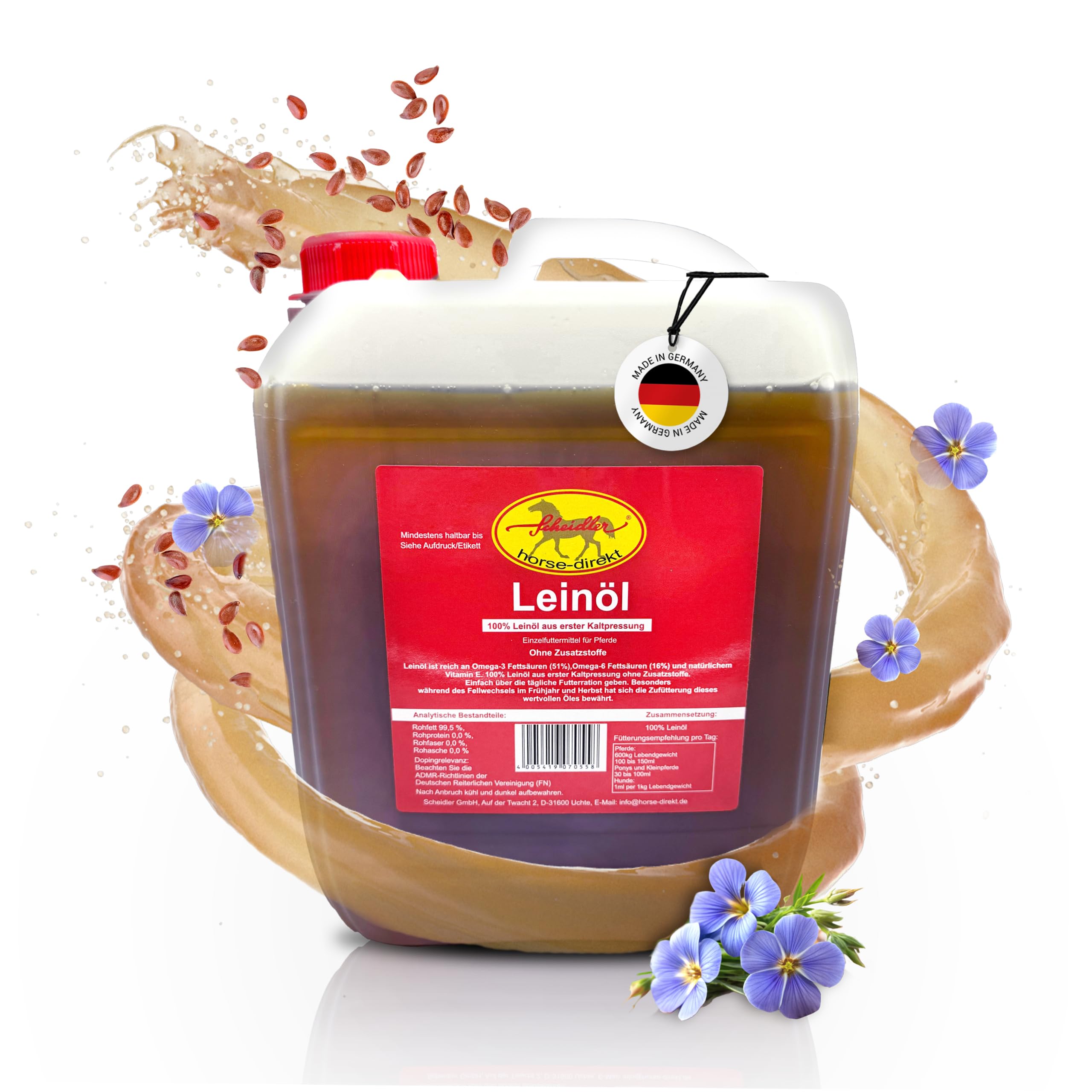 Scheidler horse-direkt Leinöl für Pferde, Hunde & Katzen 10 Liter – Mühlenfrisch kaltgepresstes Leinsamenöl ohne Zusätze – Reich an Omega 3 & 6 für Fellwechsel/Barf Öl – Aus Deutschland
