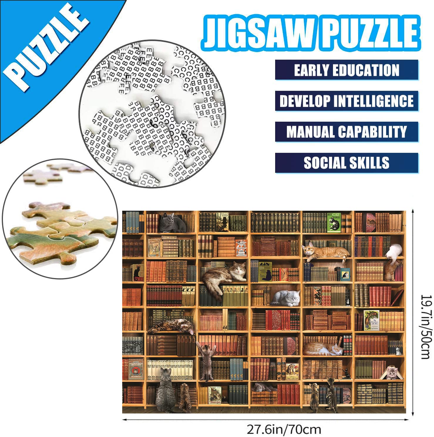 Katzen-Bibliothek-Puzzle, 1000+ Teile, lustiges Kätzchen-Bücherregal, herausfordernde Tierliebhaber, Geschenke für Freunde und Familie, Aktivitätsspielabende