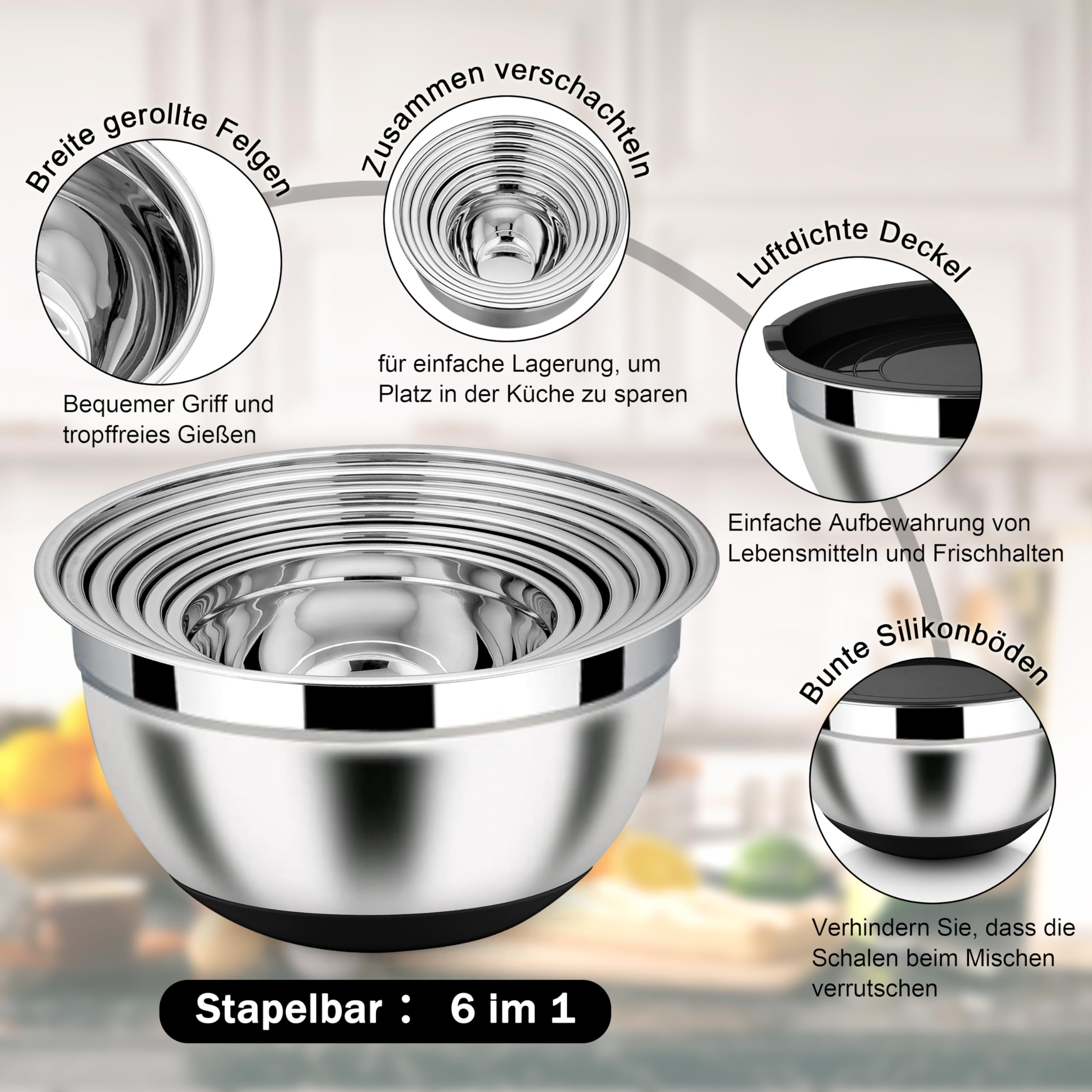 Homikit Juego de 6 cuencos para mezclar, acero inoxidable, color negro, ensaladera con 3 accesorios para mezclar y mezclar, tapa hermética y base de silicona, 4,6 l, 2,8 l, 2,5 l, 1,6 l, 1,2 l, 0,7 l,
