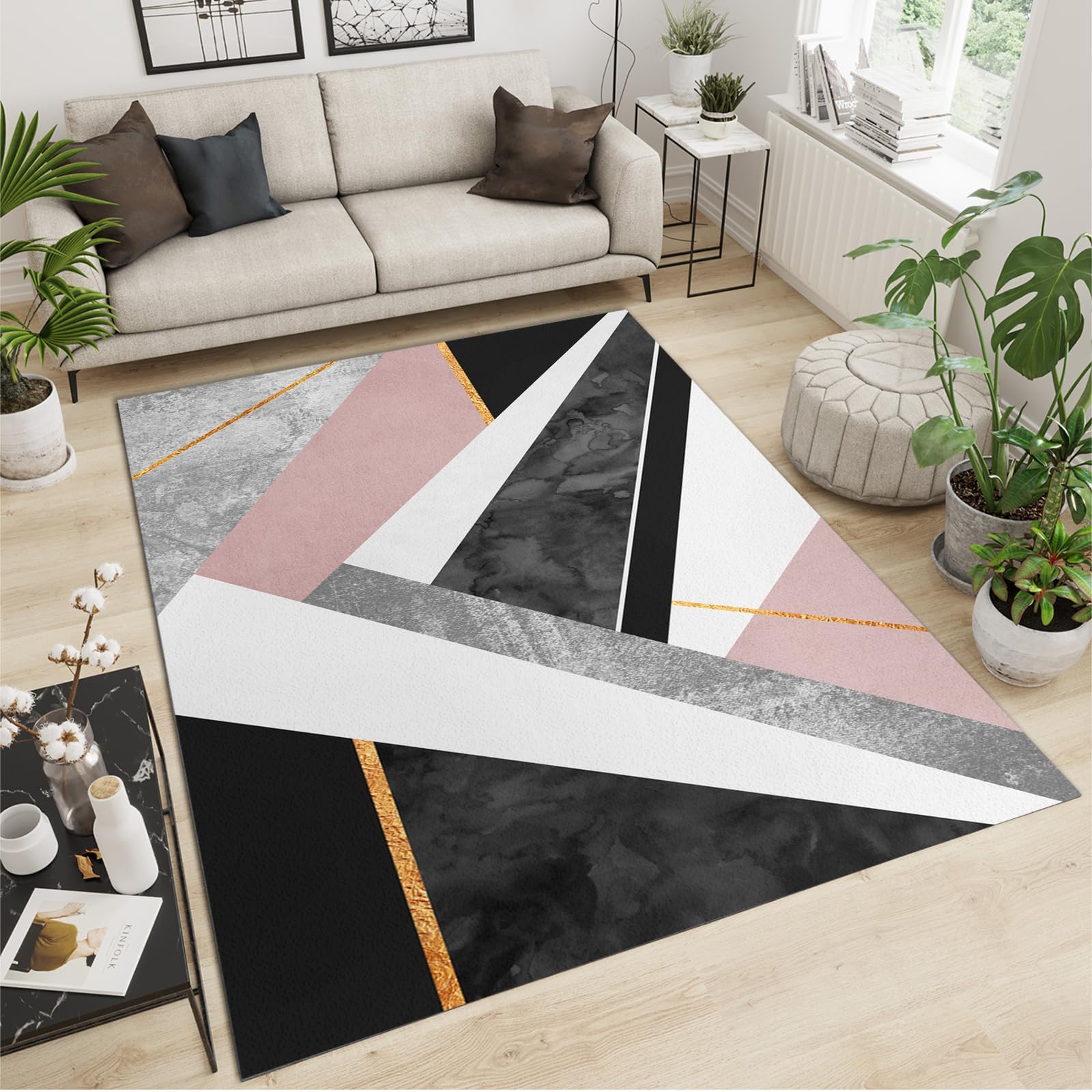 Luksusowy minimalistyczny dywan w stylu geometrycznym z kolorowymi klockami, łatwy w pielęgnacji, na patio, do ogrodu, kuchni, łazienki lub 60 x 90 cm
