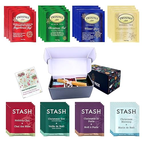 Juego de té navideño muestra de té de Navidad - 48 bolsas de té, 8 sabores festivos, caja de té, 10 palitos de miel, libro electrónico de recetas en