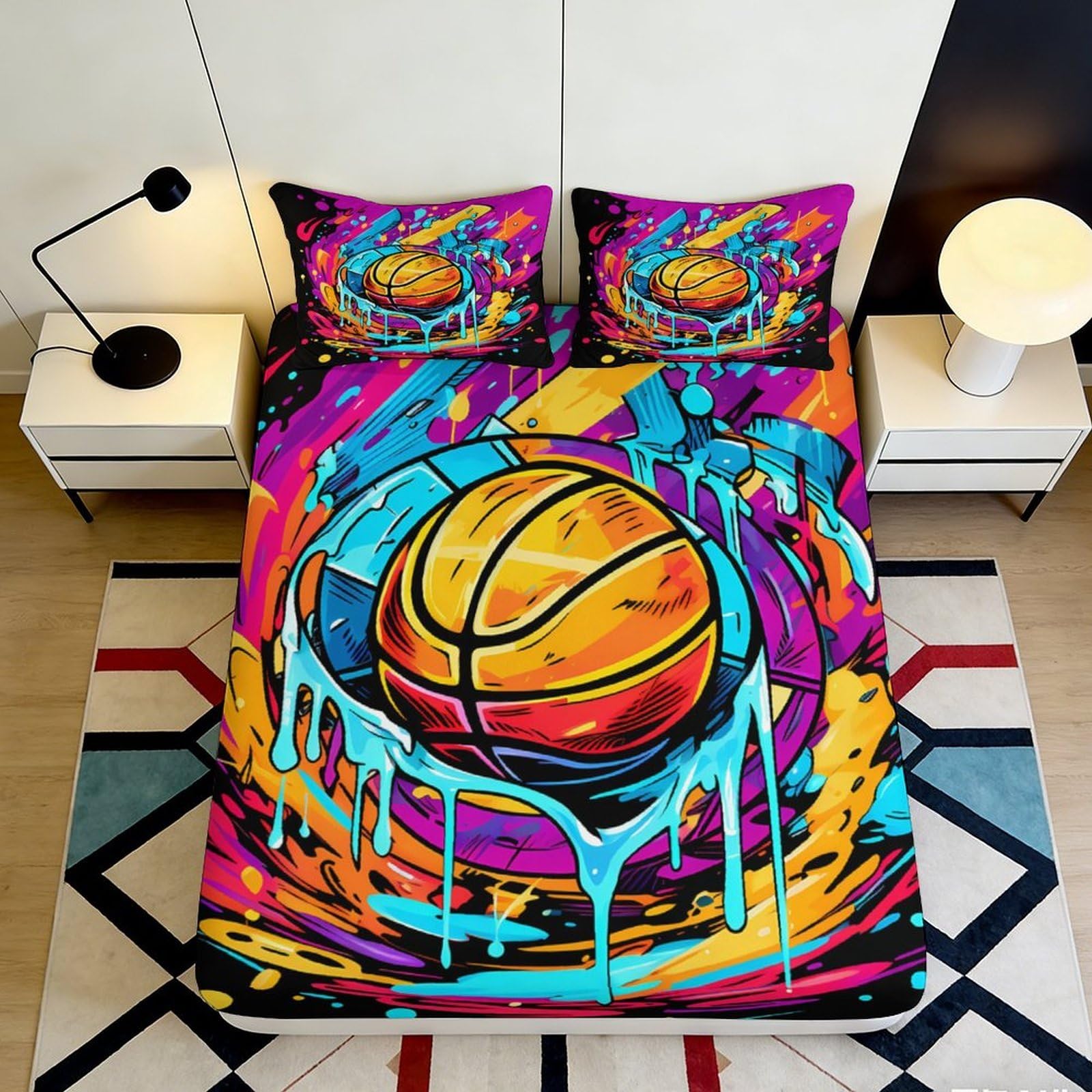 3D Printed Graffiti Basketball Fitted Sheet Microfiber Vibrant Mattress Cover for Bedroom Dorm Easy Care 90x200x25cm