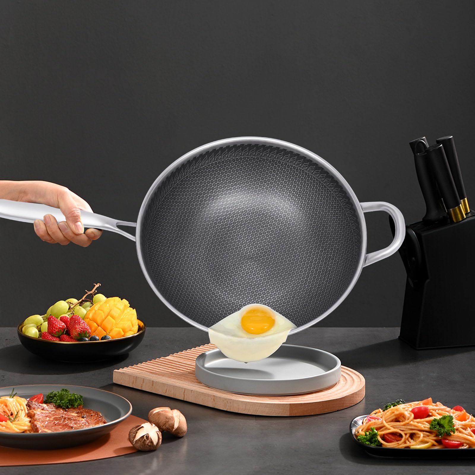Woks y sartenes antiadherentes de 12 pulgadas con tapa de cristal: Wok chino pre-sazonado de fondo plano para inducción, eléctrico, gas, todas las estufas 3