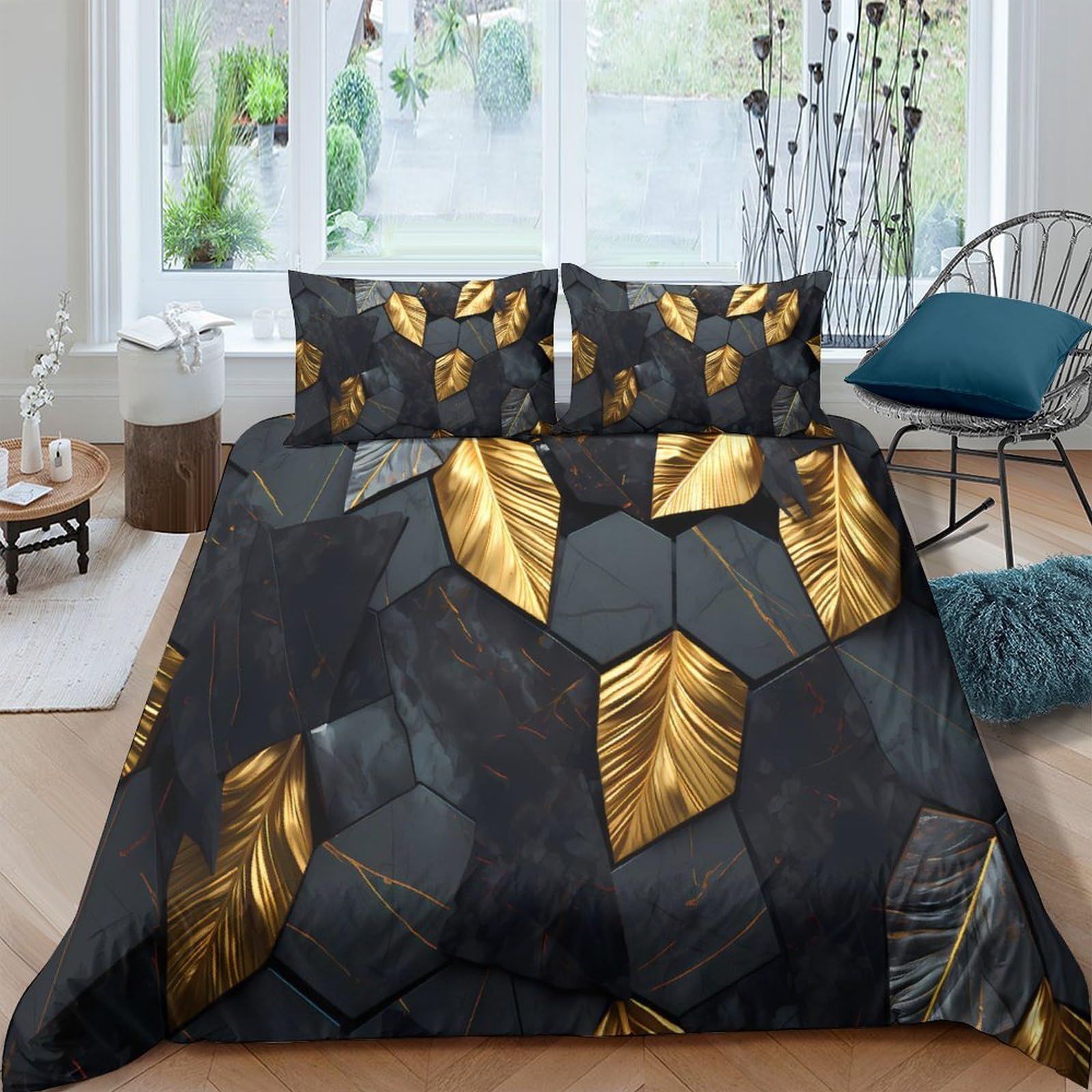 Ctjqhvkz Style-7 3D Printed Golden Leaf Fitted Sheet Microfiber Non-Slip Artistic Black Pattern Bed Cover For Bedroom Dorm Decor Single（135X200cm）