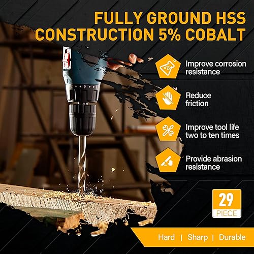 Miniatura 7 de Juego de brocas de cobalto M35, 29 piezas de acero de alta velocidad, kit de brocas de longitud para metal endurecido, acero inoxidable, hierro