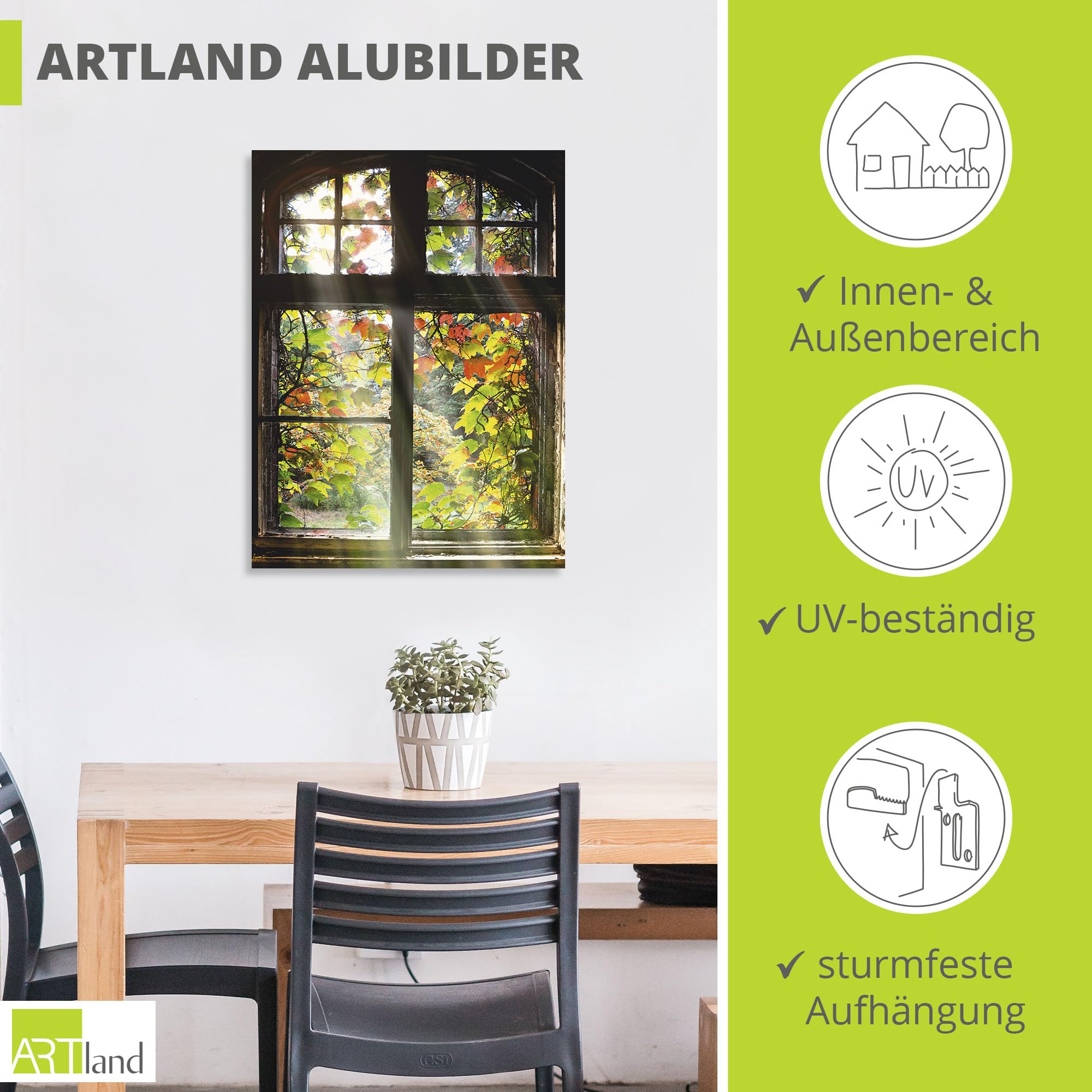 ARTland Wanddeko Wandbild Alu Verbundplatte für Innen & Outdoor Bild 60x80 cm Fensterblick Fenster Herbst Natur Landschaft Altbau Sonne Baum T5XH