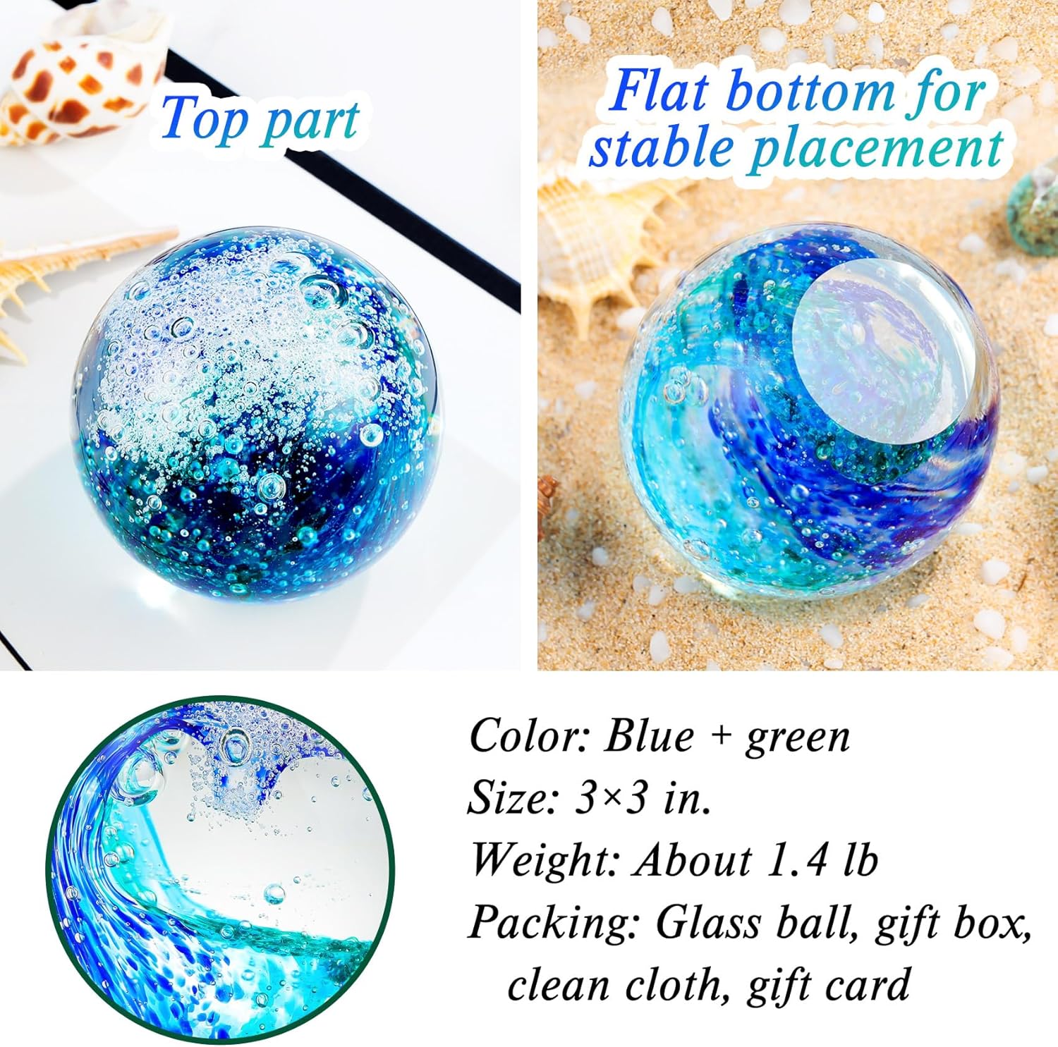 YWHL Hand Blown Ocean Decor Glass Waves Figurines Ball, Ocean Themed Gifts for Women Men, Sea Glass Decoration Collectible Figurines Paperweight for Home Office Decor