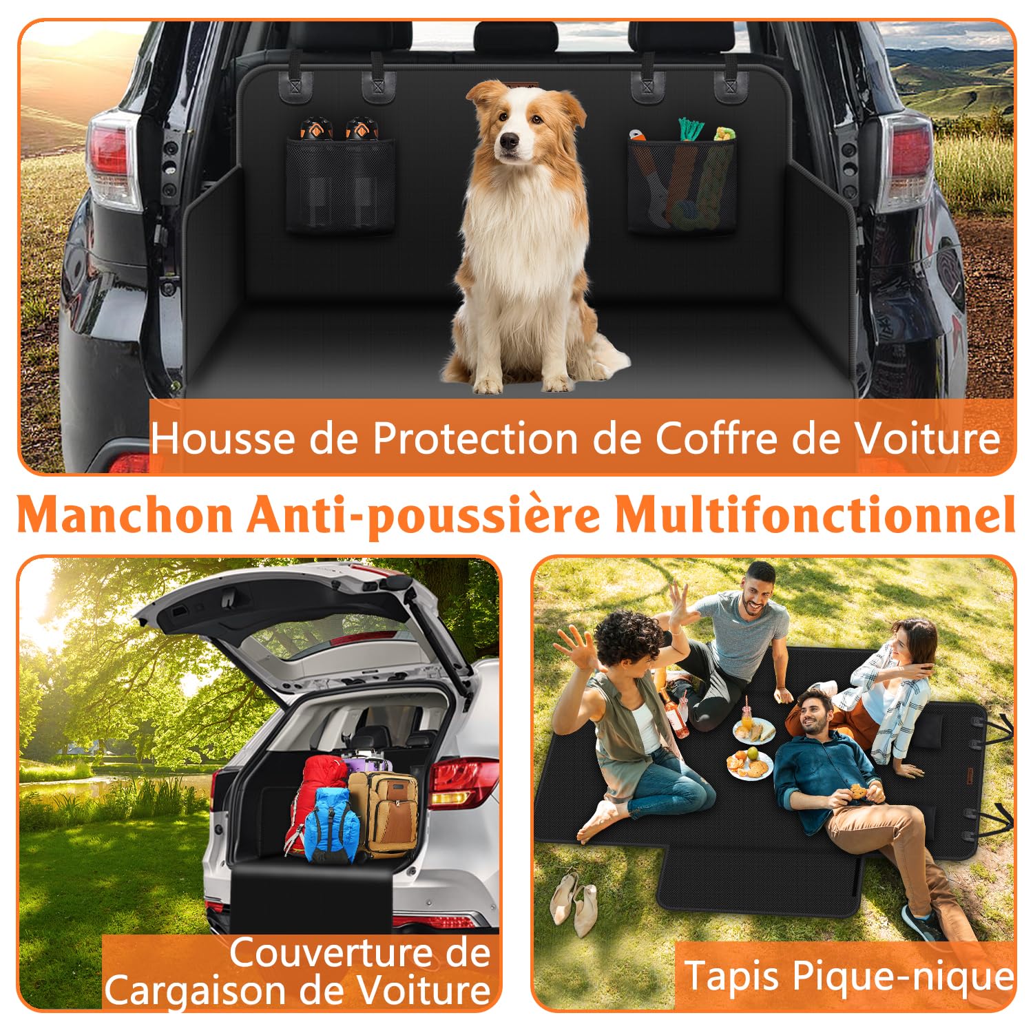 Alfheim Protection Imperméable et Anti-Dérapante pour Coffre de Voiture-Tapis Universel pour Chiens, Adapté aux Voitures et SUV,Facile à Nettoyer,Avec Poches en Filet et Protection de Pare-Chocs(Noir)