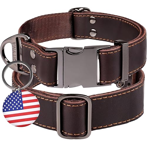 ADITYNA - Leather Dog Collar with Metal Buckle for Medium, and Large Dogs - Heavy-Duty, Adjustable, and Tactical Dog Collar for Walking, Training, Hiking, and Running (Brown, Fits 15-21" Necks)